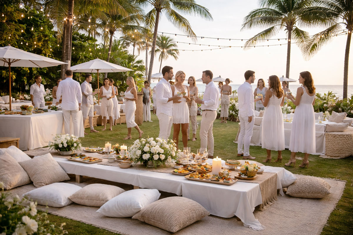 Guests mingling at an elegant outdoor evening event with warm string lights and tropical surroundings.