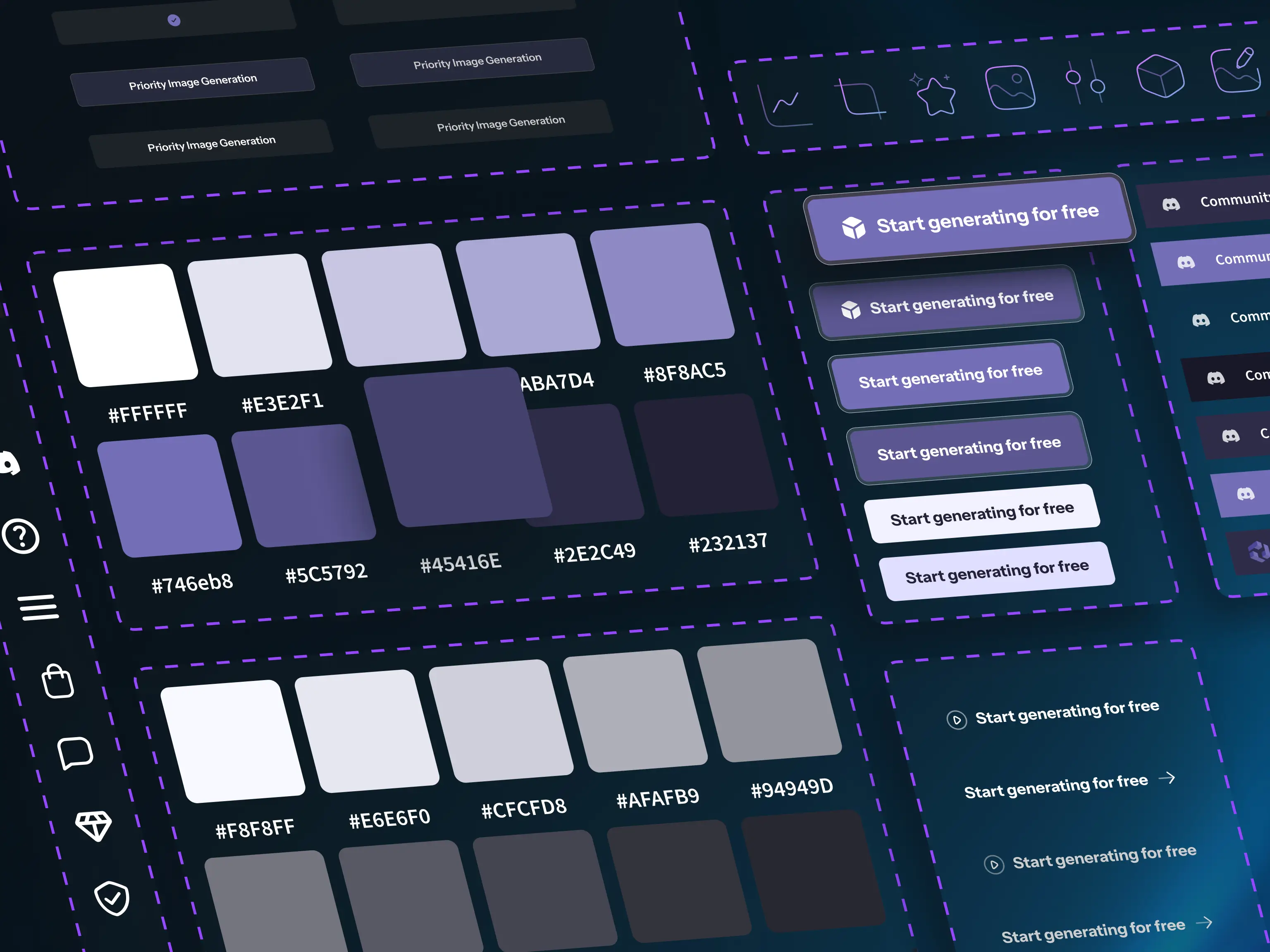 UI design system – CGDream brand assets preview with dark theme color palettes, purple call-to-action button variants, and minimalist interface icons.