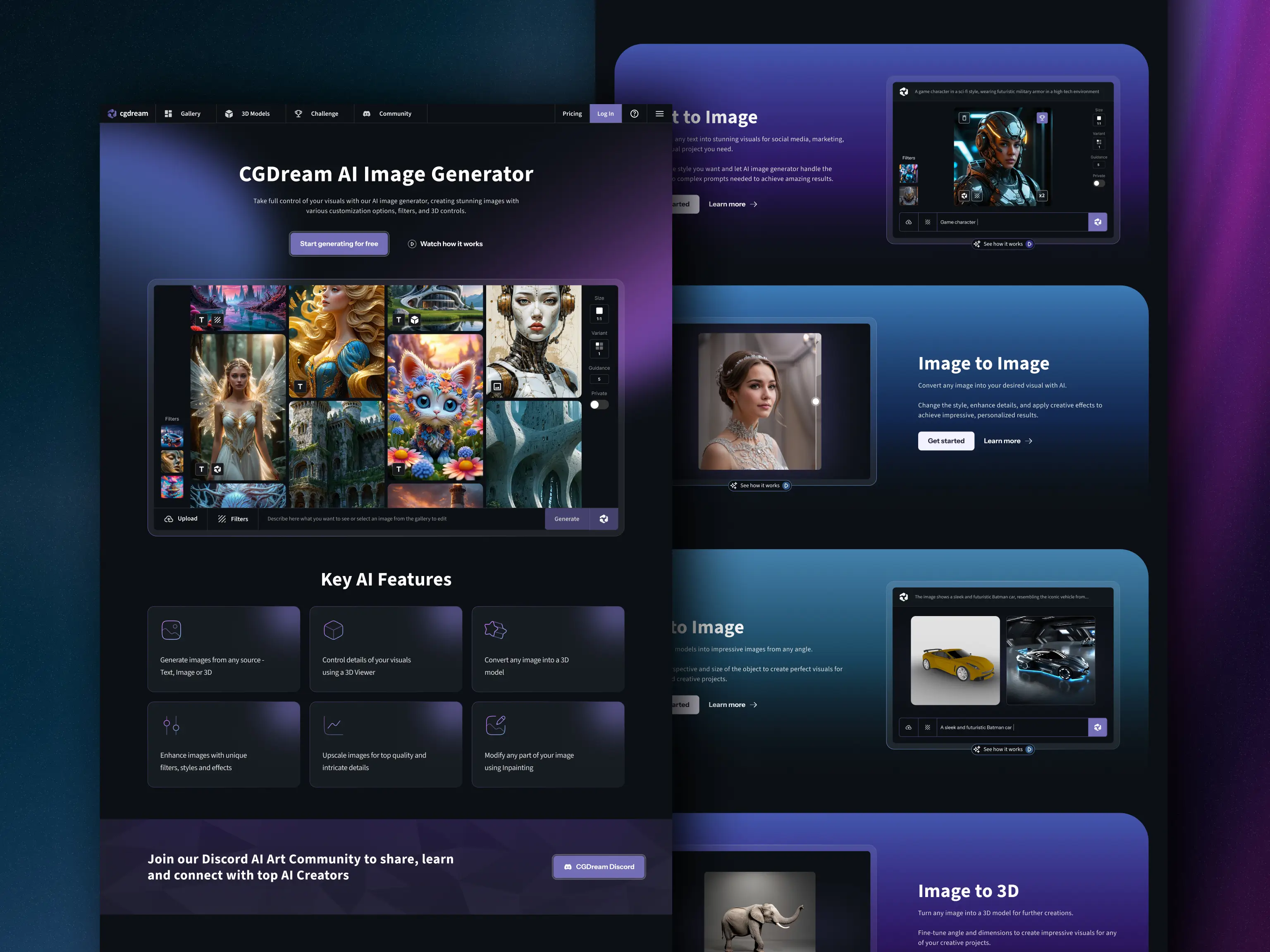 CGDream AI Image Generator website showcase, featuring the main homepage design with a Key AI Features grid alongside secondary scroll sections highlighting Text to Image, Image to Image, and Image to 3D capabilities.