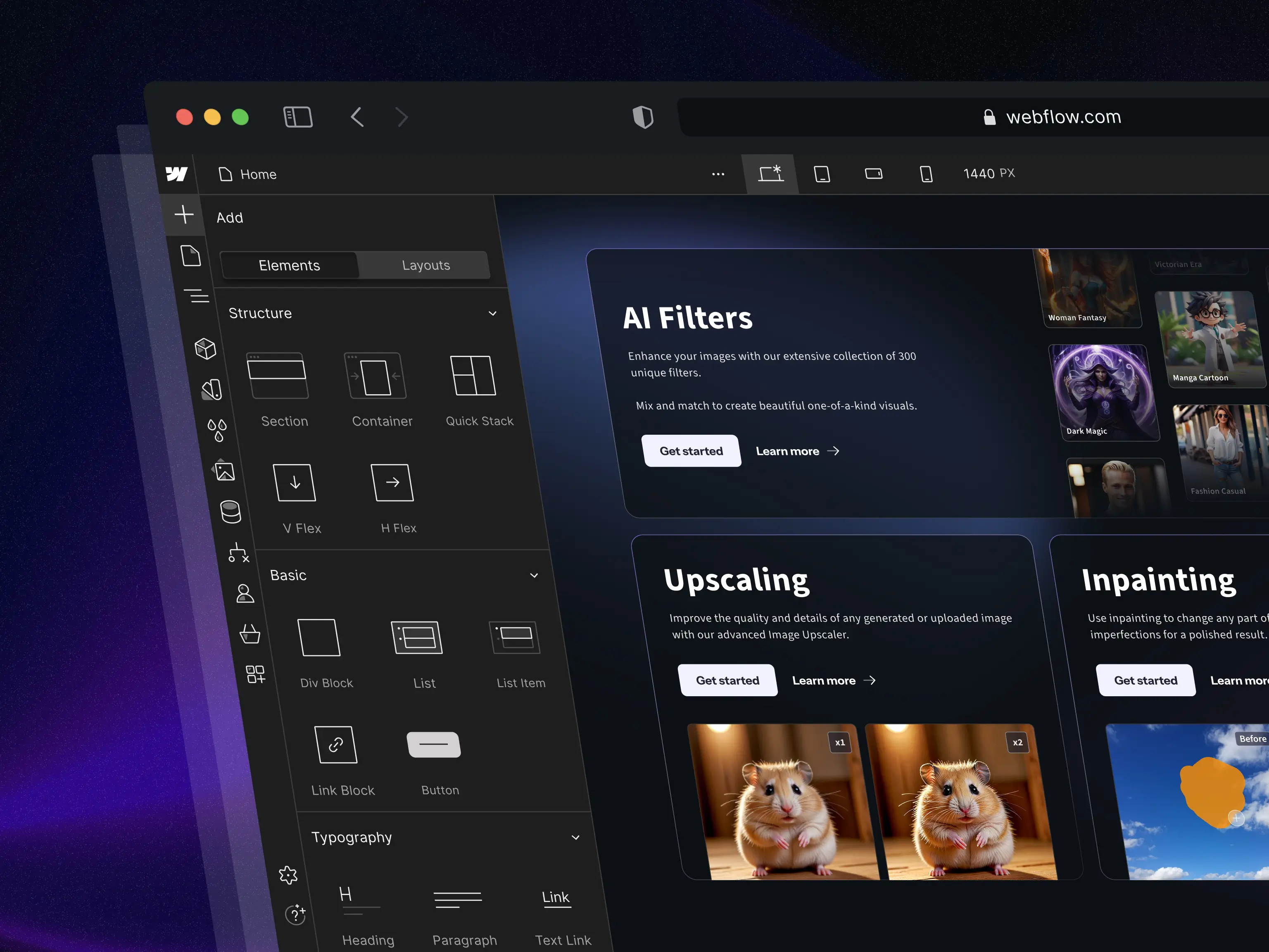 Webflow development interface – CGDream site building preview with dark theme, left-hand structural element panel, and feature cards like AI Filters and Upscaling.