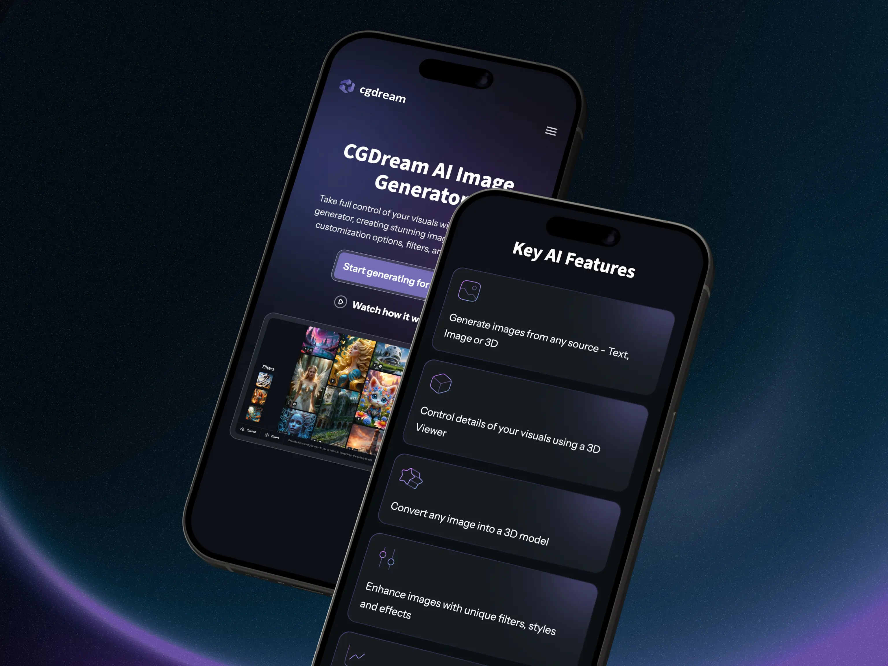 Mobile UI design – “CGDream” smartphone app preview with dark theme, prominent hero section, and interactive feature cards.