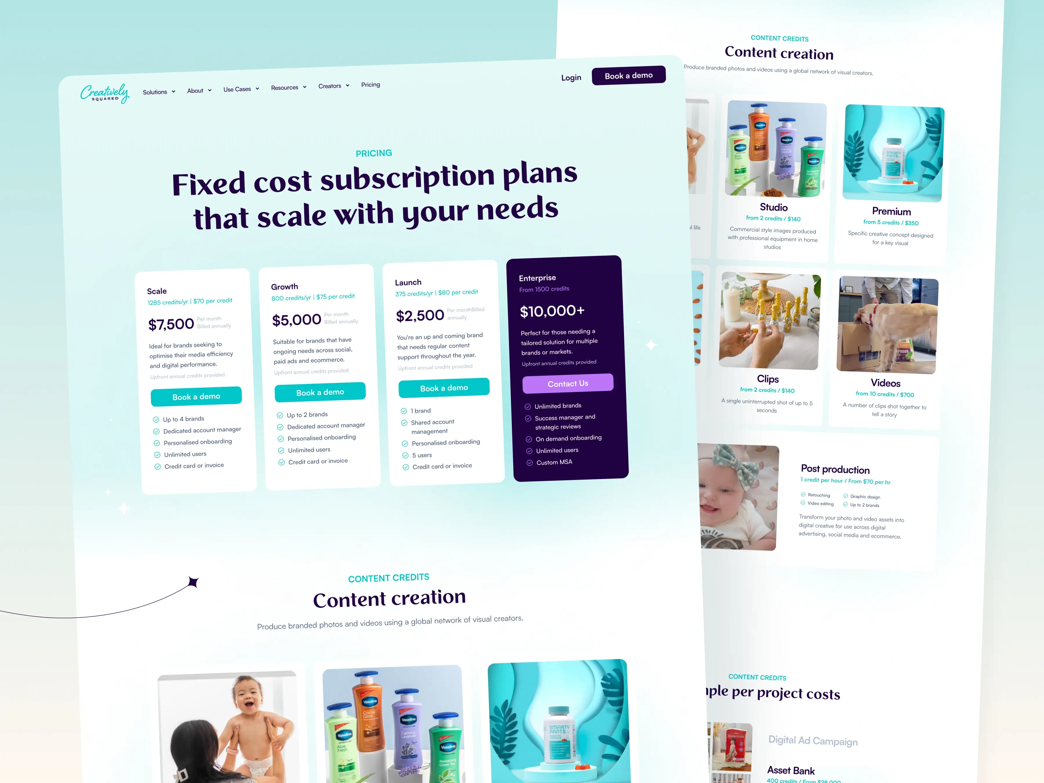 Content creation platform – Pricing page - Displaying tiered subscription plan cards, an overview of content creation options, and credit-based asset costs.
