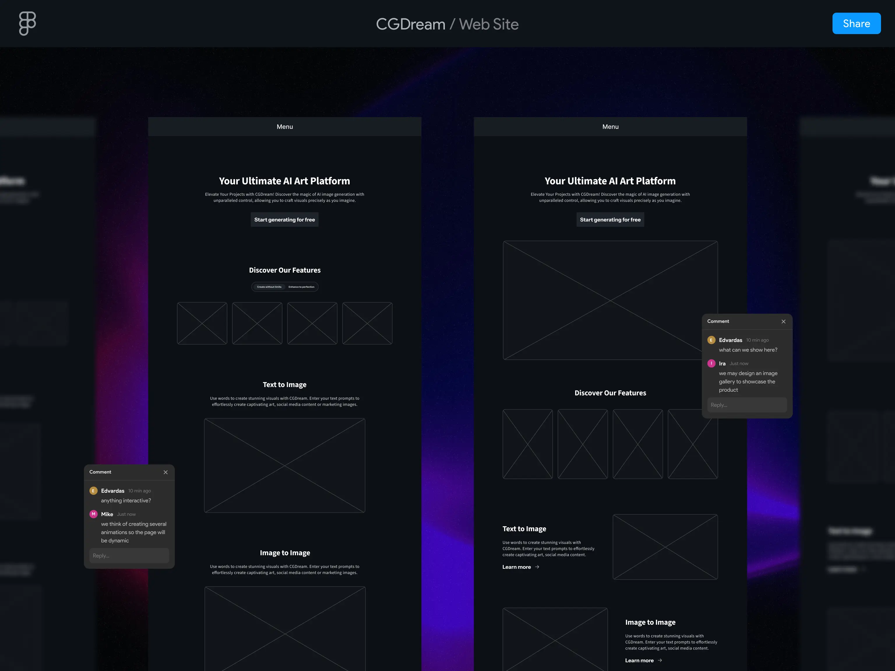 CGDream website wireframes in dark mode, showing side-by-side design layout variations with prominent text headings, call-to-action buttons, and user design feedback comments.