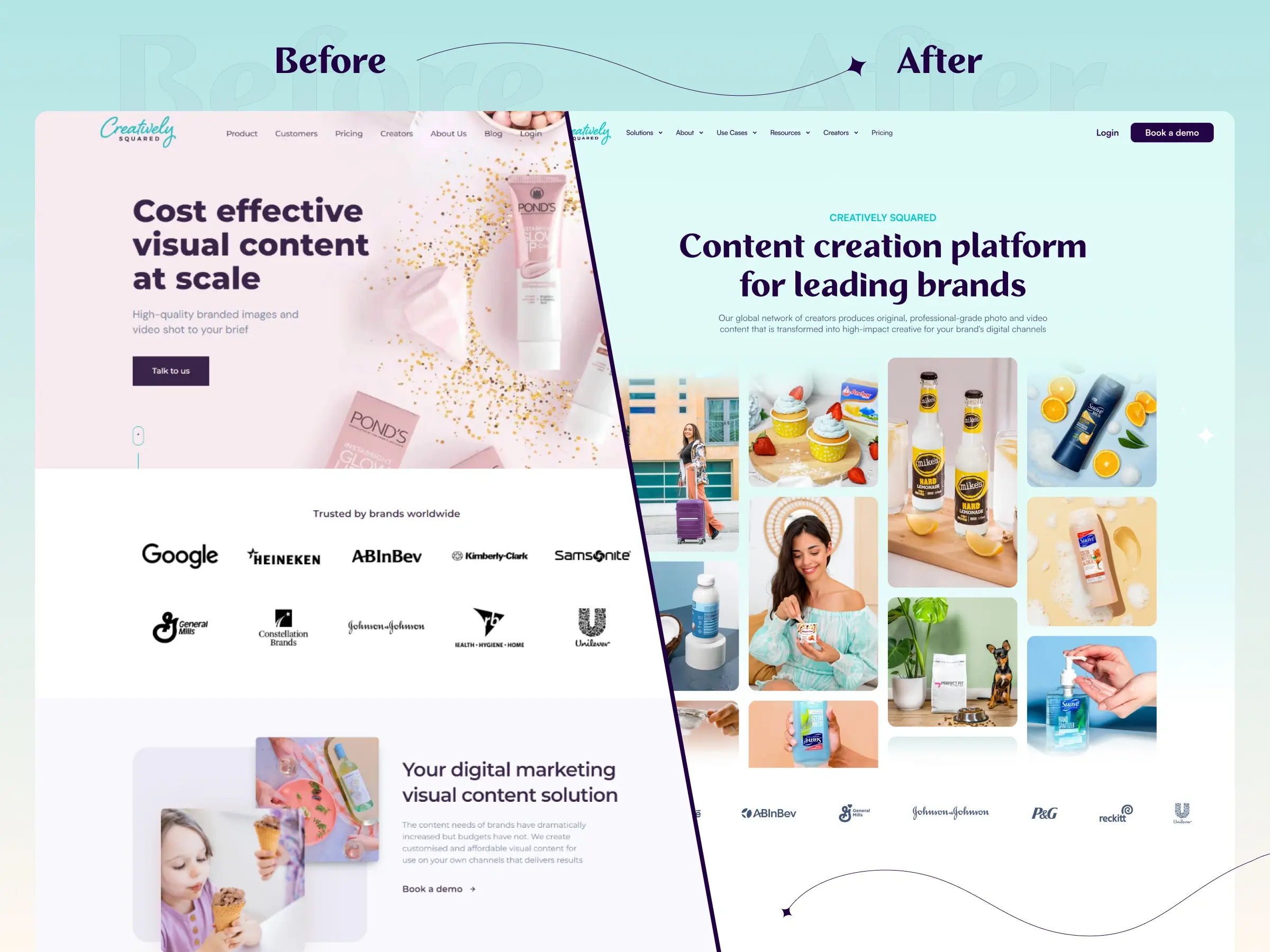 Content creation platform – Creatively Squared before-and-after redesign comparison - Displaying two layout versions with updated hero sections, copywriting, and brand imagery.