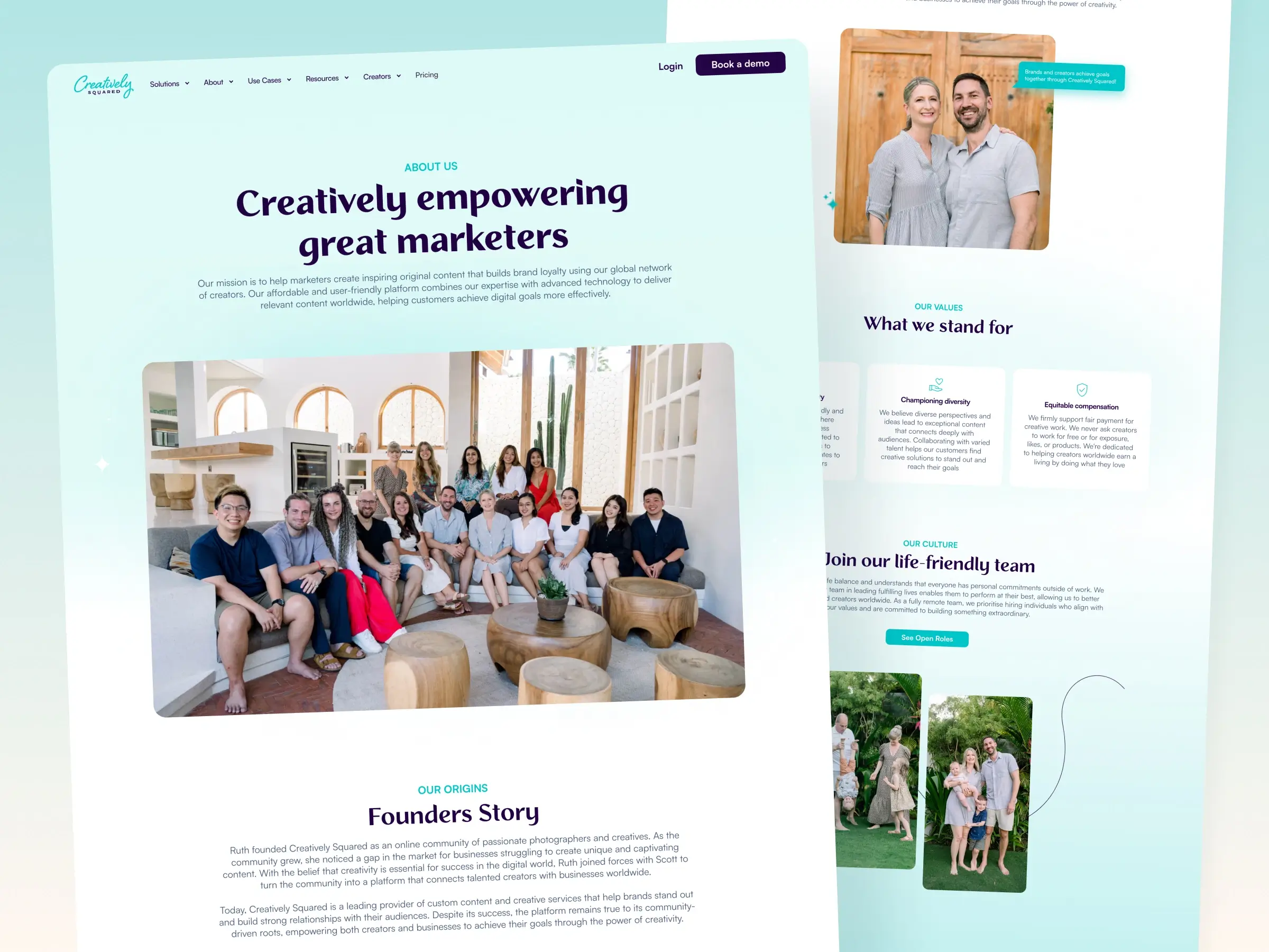 Content creation platform – About Us page preview - Displaying a large team group photo, a "Founders Story" origin section, and a company values grid.