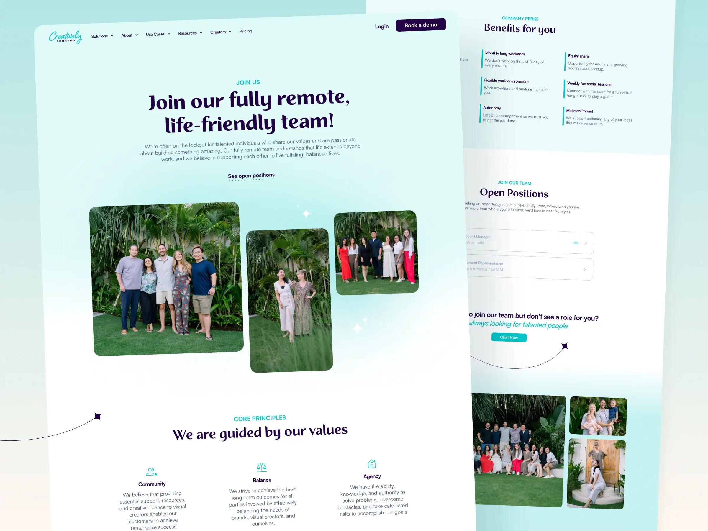 Content creation platform – Careers page preview - Displaying a collection of outdoor team photos, a "Core Principles" values breakdown, and an "Open Positions" job board section.