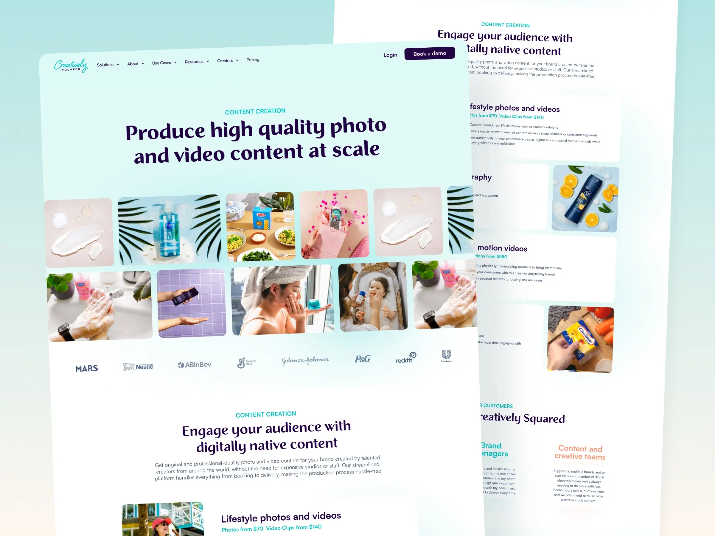Content creation platform – Website homepage - Displaying a grid of lifestyle product photography, corporate client logos, and content creation value propositions.