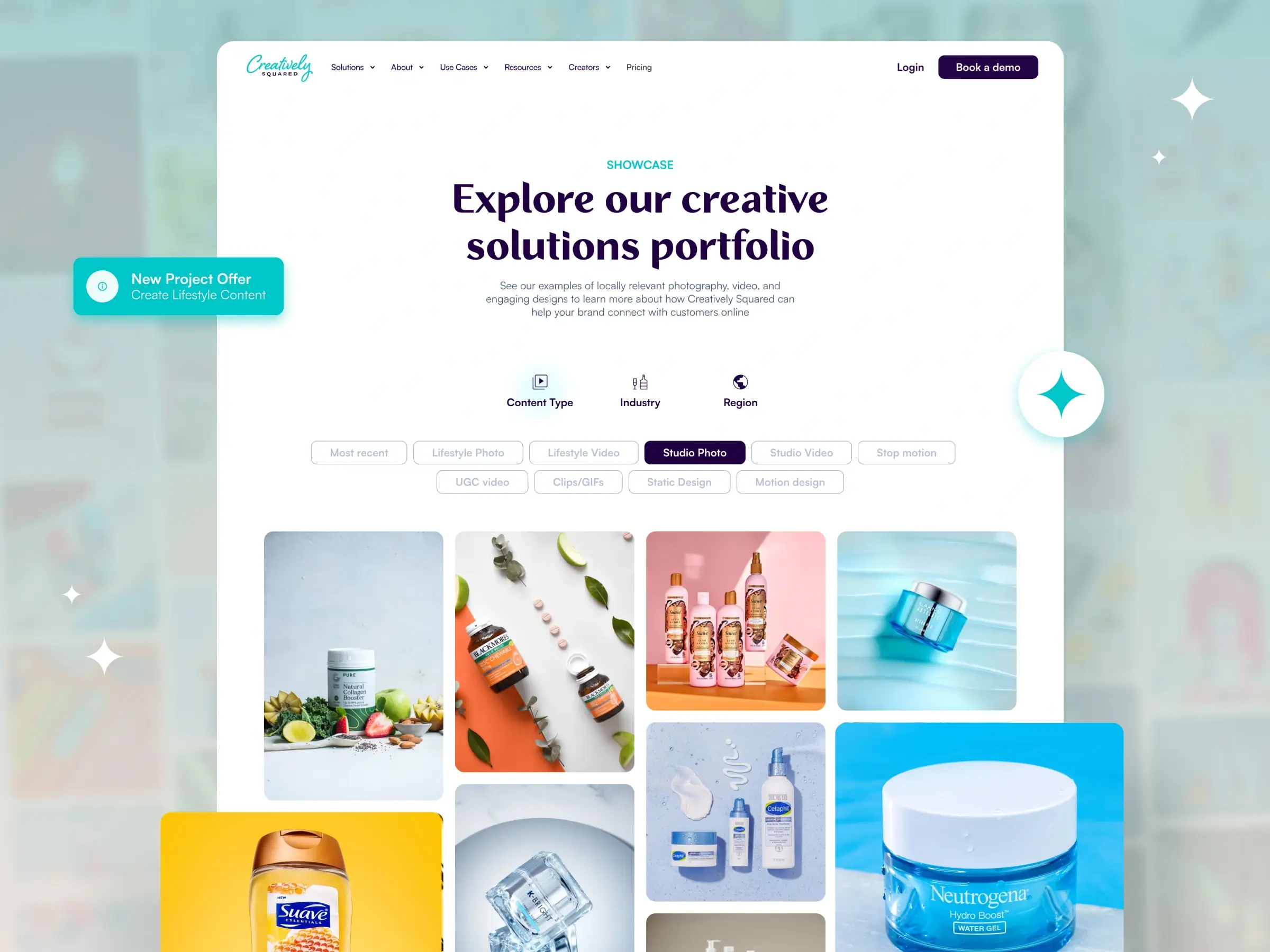 Content creation platform – Portfolio showcase page - Displaying filtering tabs, categorized content tags, and a grid of creative product and commercial photography.