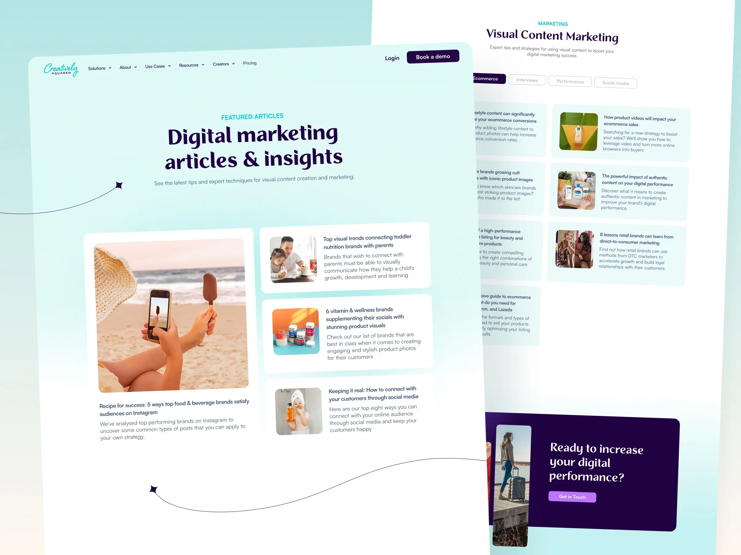 Content creation platform – Blog resources page - Displaying a "Digital marketing articles & insights" grid layout, a list of visual marketing advice posts, and a dark purple call-to-action banner.