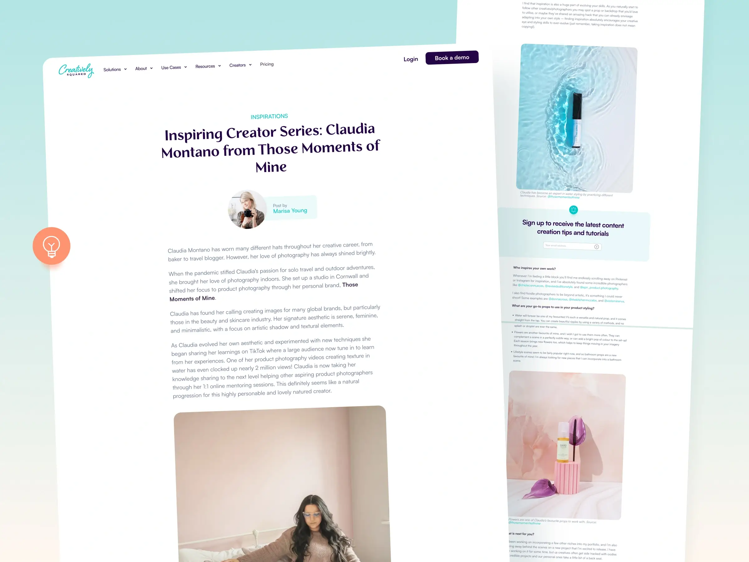 Content creation platform – Blog page - Displaying a "Digital marketing articles & insights" grid layout, a list of visual marketing advice posts, and a dark purple call-to-action banner.