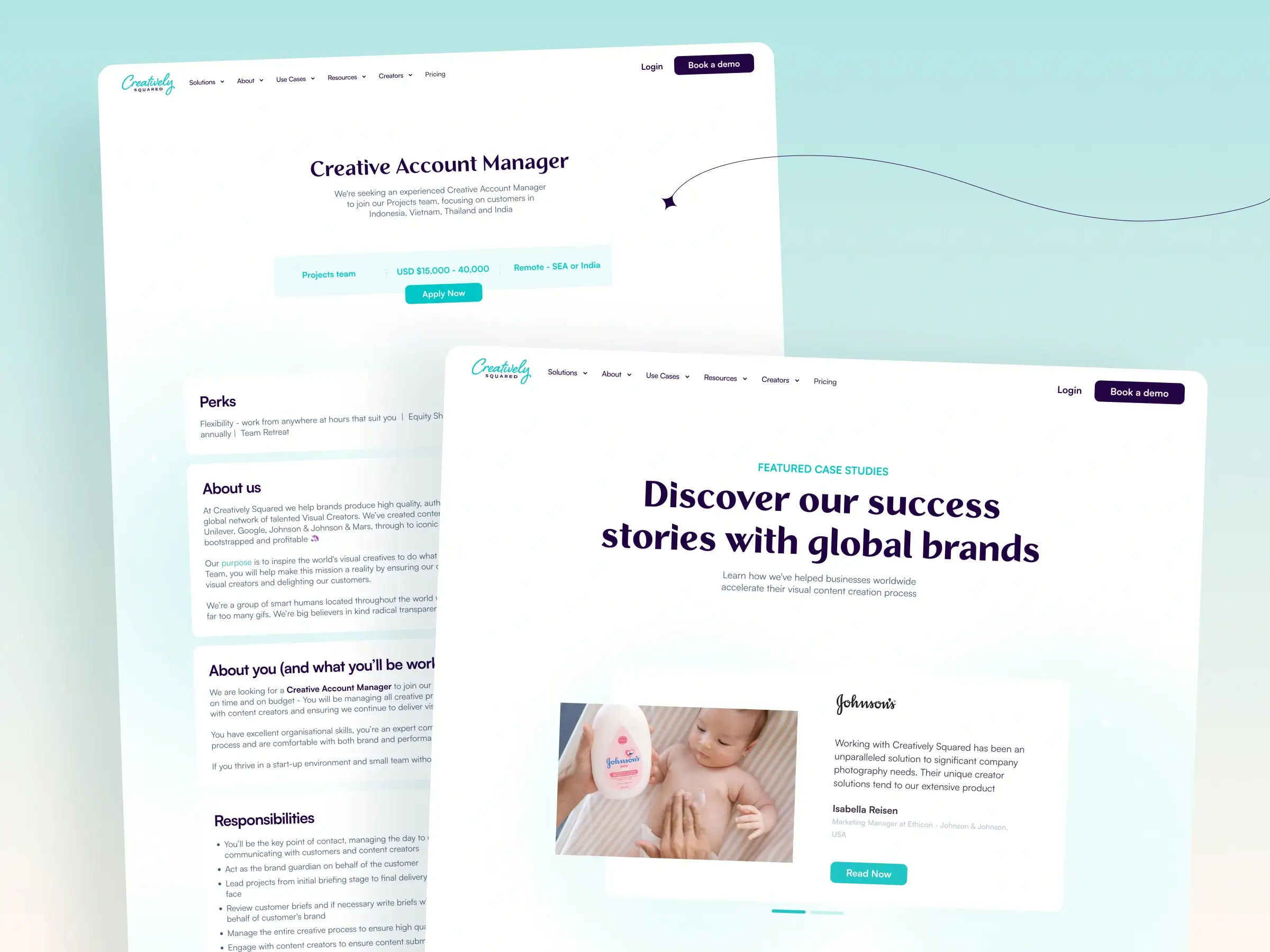 Content creation platform – Job description and case studies page - Displaying a "Creative Account Manager" career listing, alongside a "Discover our success stories" featured client testimonial card.