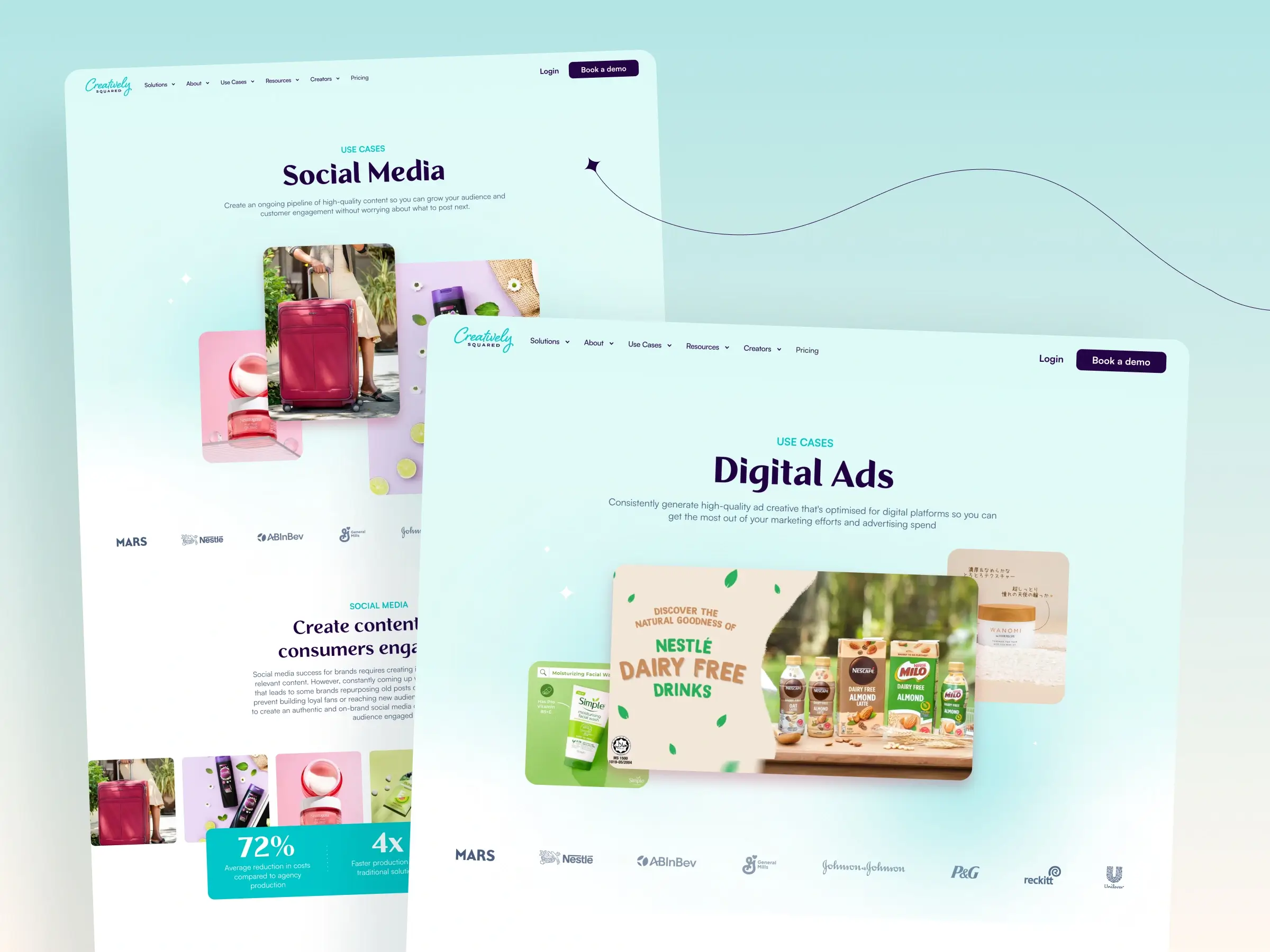 Content creation platform – Use cases page - Displaying a "Social Media" section with lifestyle photography highlights, and a "Digital Ads" section showcasing brand-optimized creative examples alongside corporate client logos.