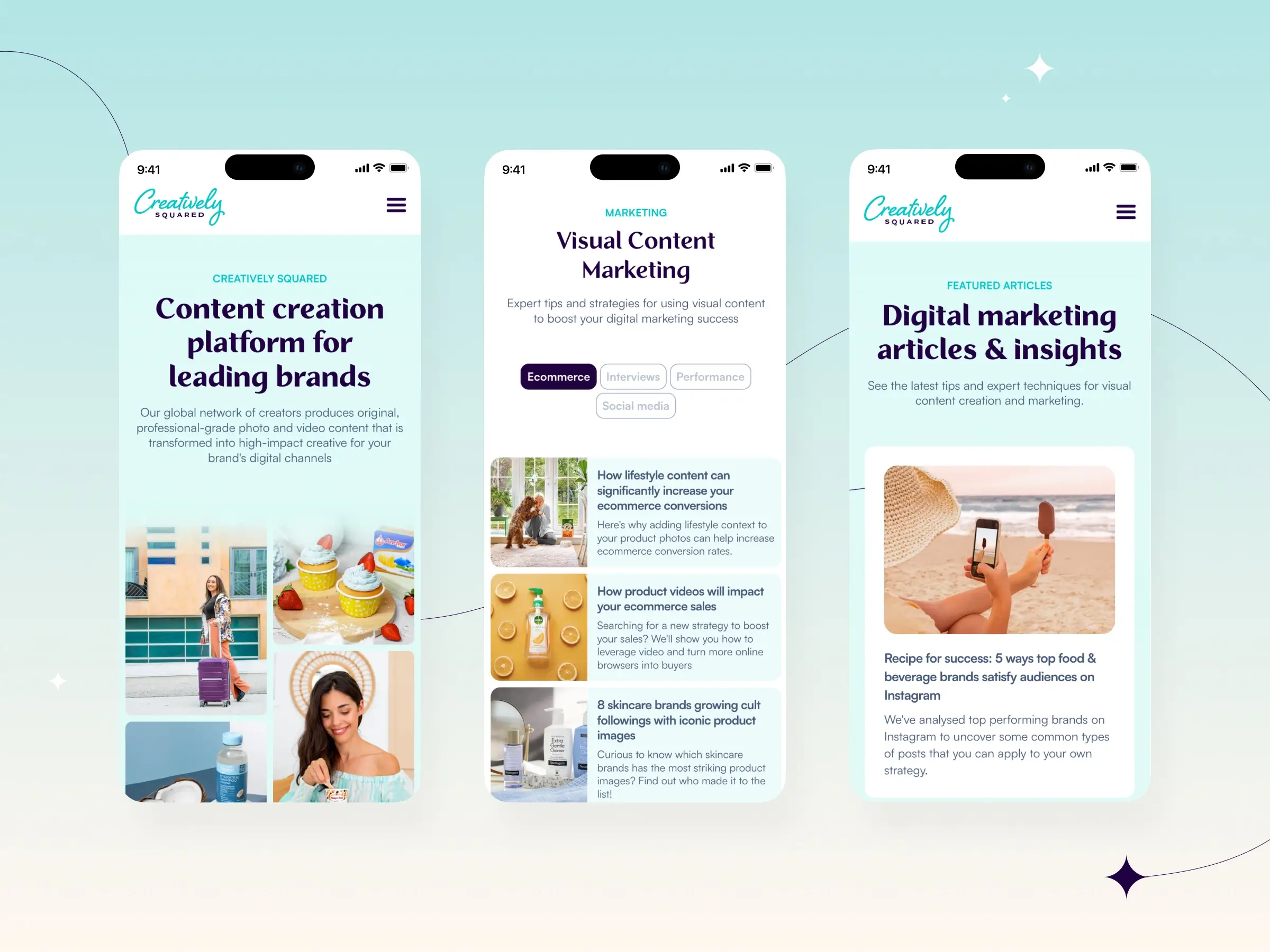 Content creation platform – Mobile adaptation - Showcasing a light teal mobile interface design, displaying a "Content creation platform for leading brands" hero screen, a filtered visual marketing article list, and a featured resource article card.