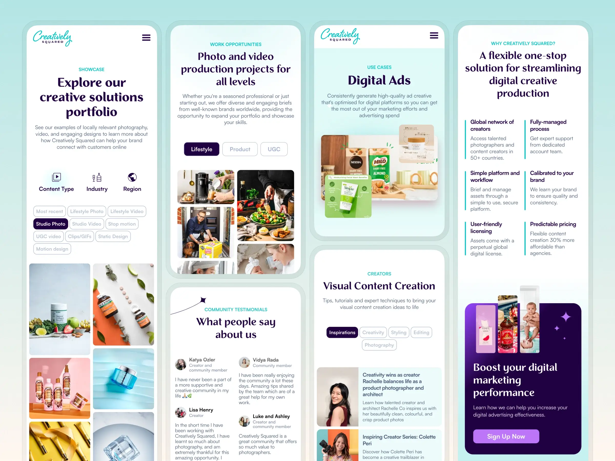 Content creation platform – Collection of mobile designs - Displaying a multi-category portfolio showcase, a work opportunities board with production project types, client testimonials, a digital advertising feature section, and a sign-up call-to-action banner.
