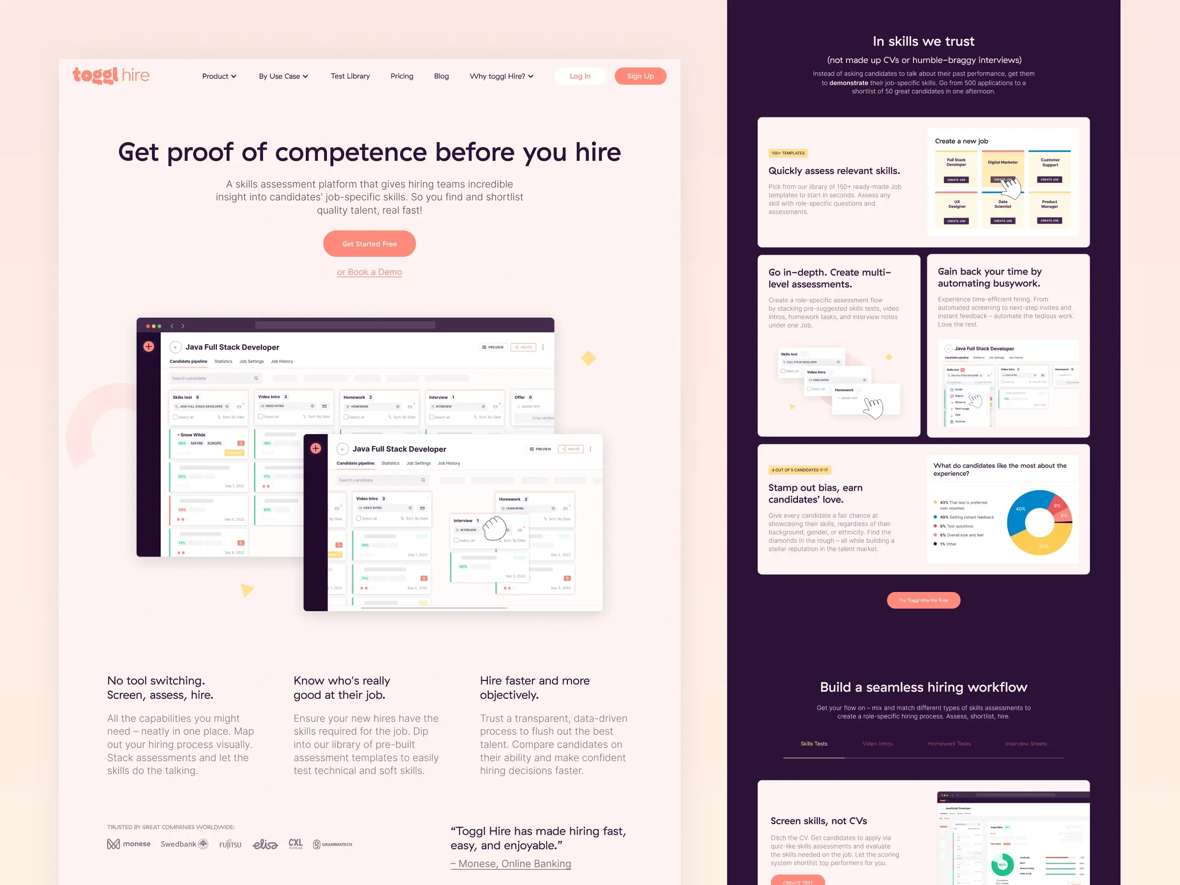 Skills assessment platform – Toggl Hire landing page and internal feature layout preview with light and dark themes, pipeline dashboards, and structured workflow sections.