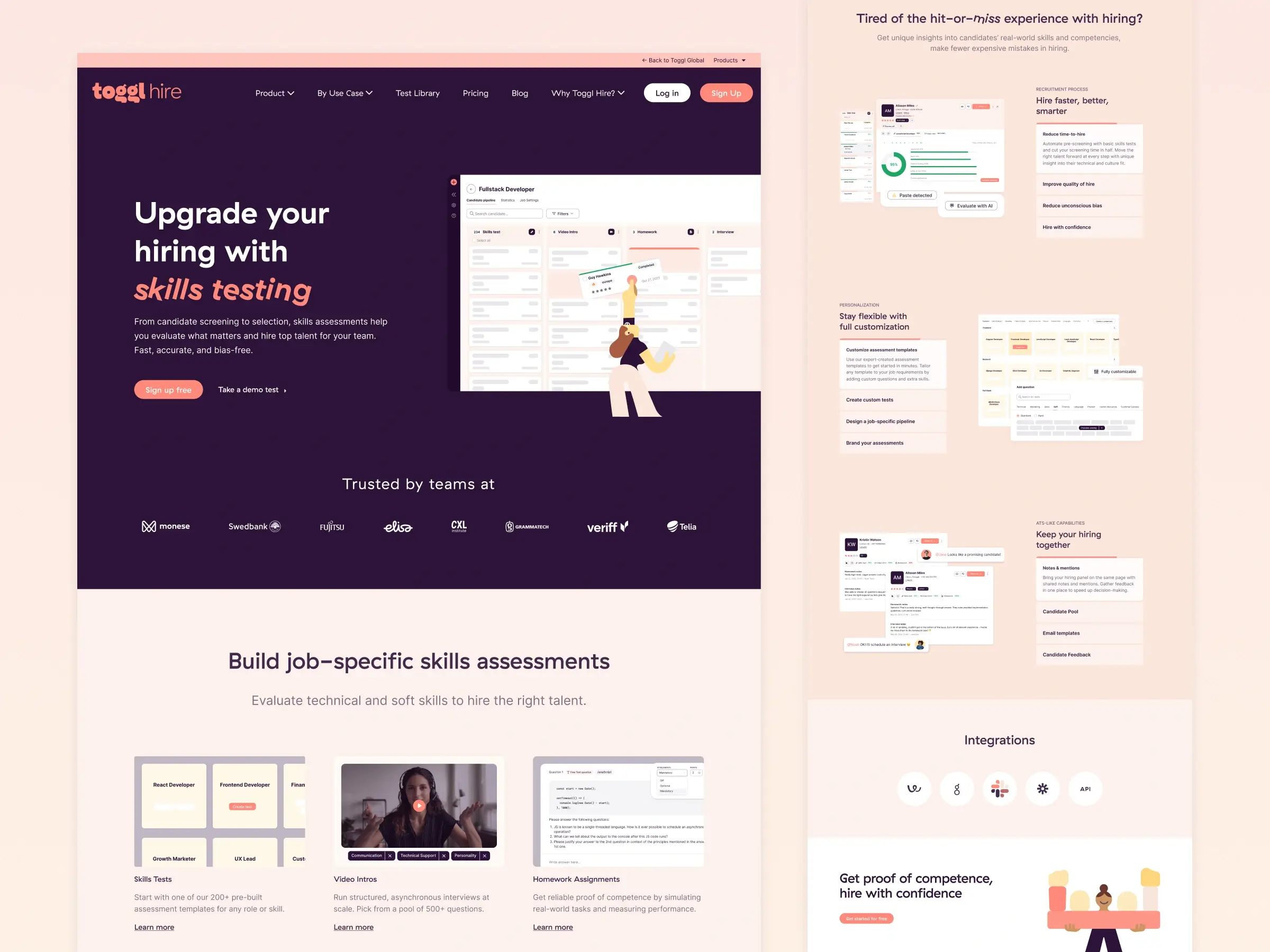 Skills assessment platform – Homepage and feature section preview - Showing integrations and customization options.