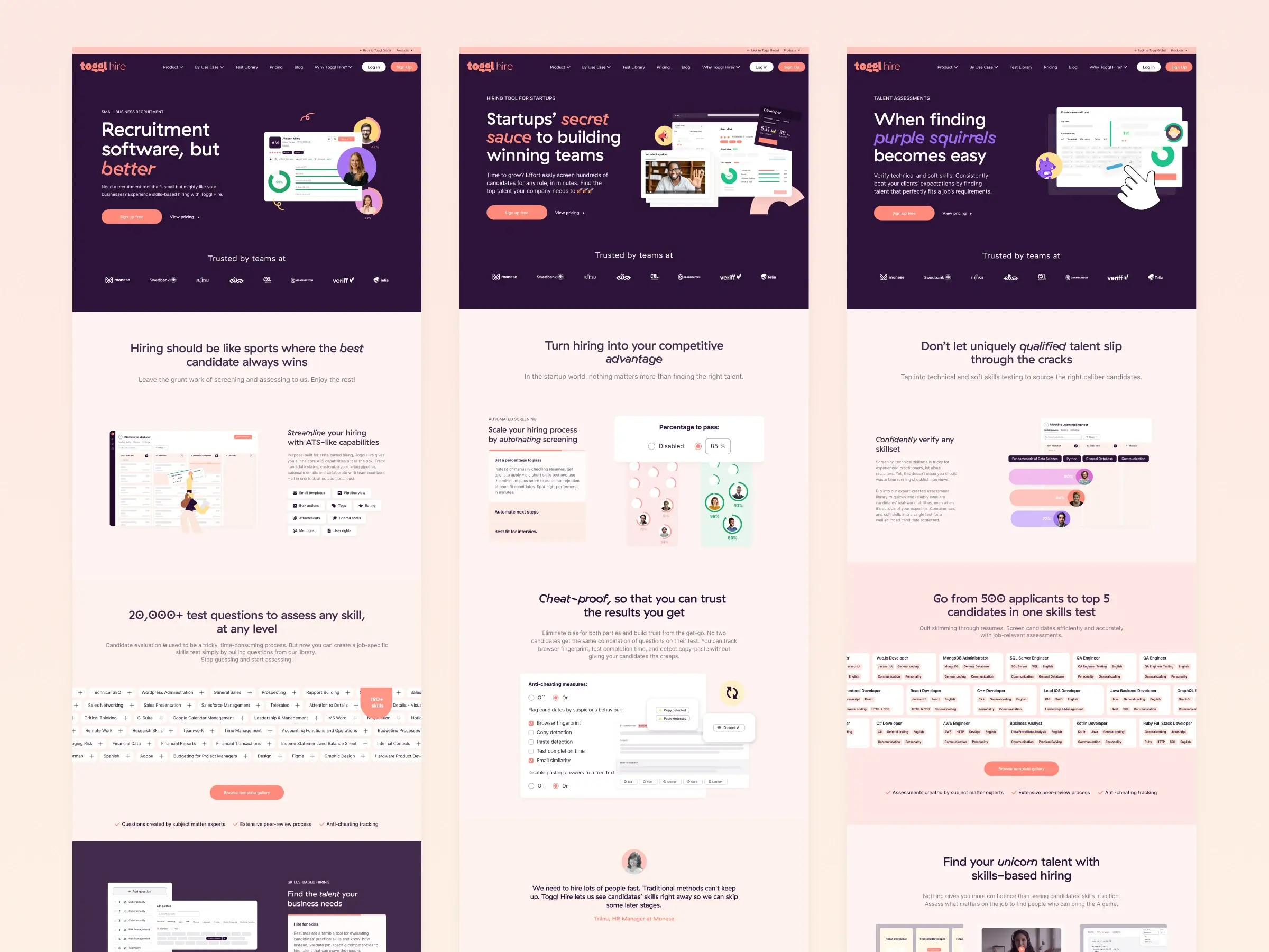Skills assessment platform – Use cases - Three side-by-side landing page variations displaying dark purple hero sections, different headline variants, and automated screening workflows.