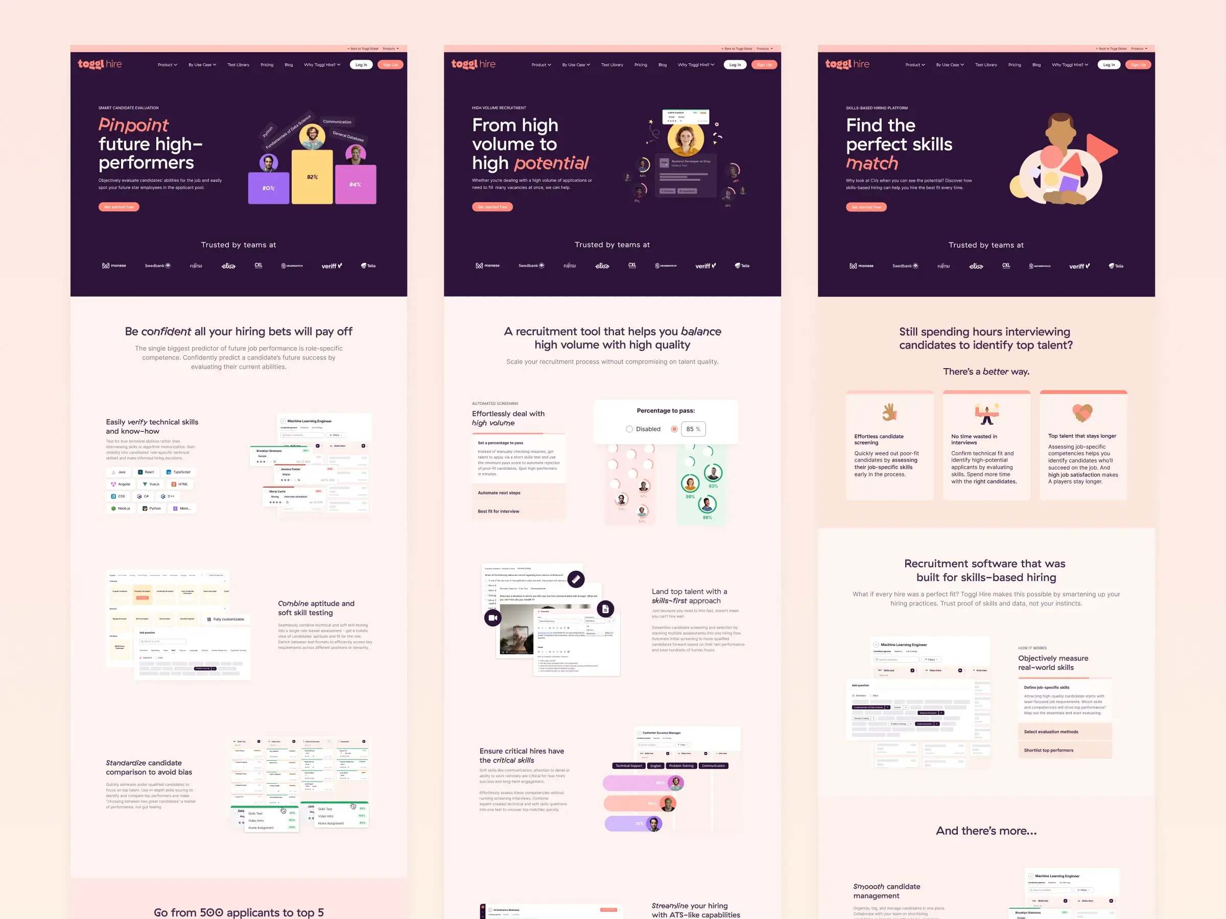 Skills assessment platform – Use cases - Three side-by-side landing page variations displaying dark purple hero sections, structured feature value propositions, and data-driven candidate evaluation dashboards.