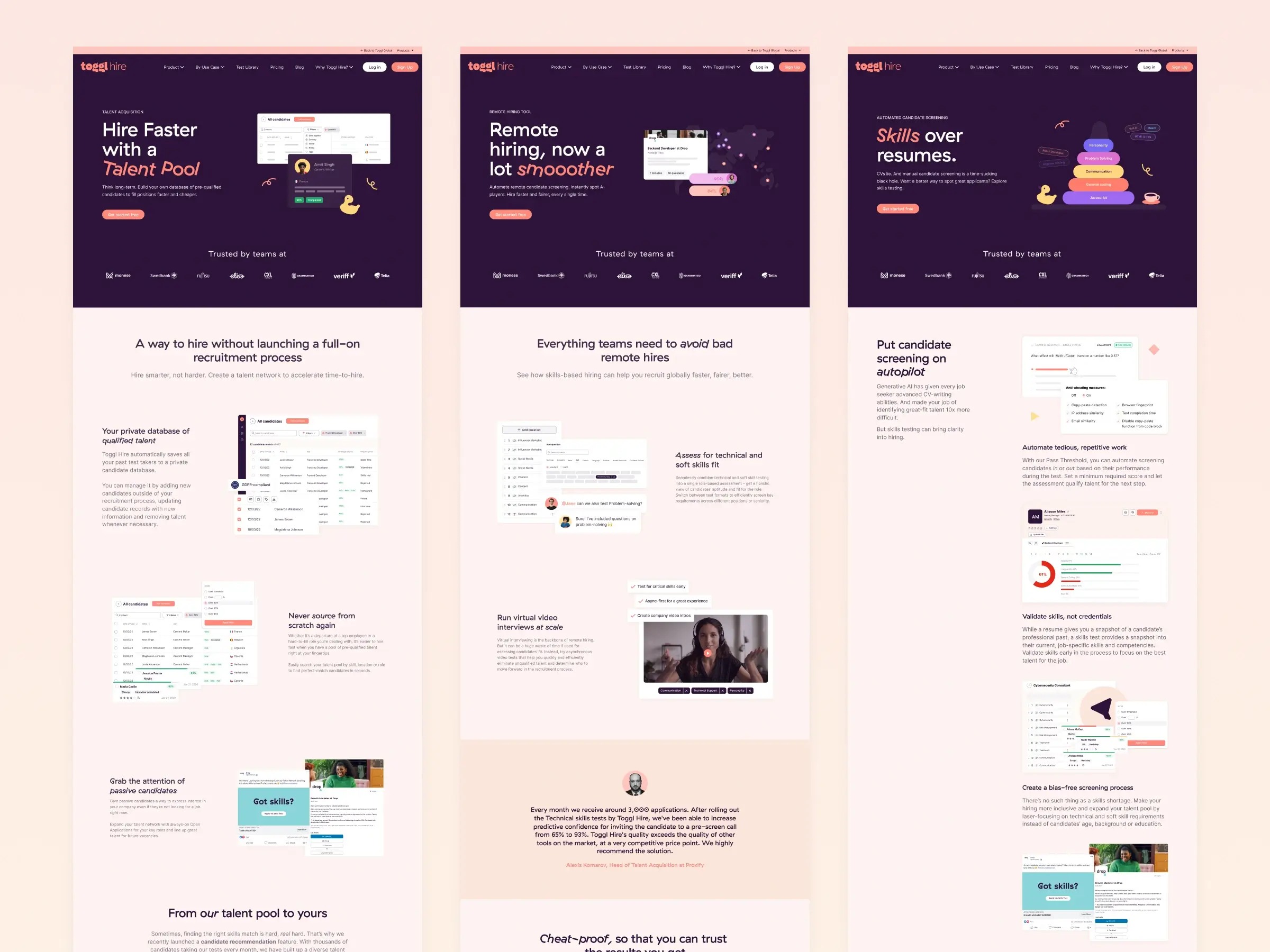 Skills assessment platform – Use cases - Three side-by-side landing page variations displaying dark purple hero sections, structured product feature breakdowns, and illustrative pipeline dashboard graphics.