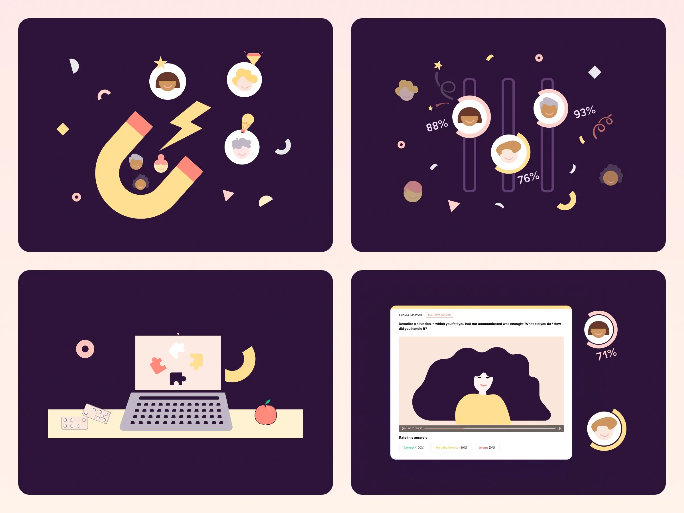 Skills assessment platform – Flat vector brand illustration set - Displaying candidate recruitment themes, data metrics charts, online testing graphics, and a video interview interface.