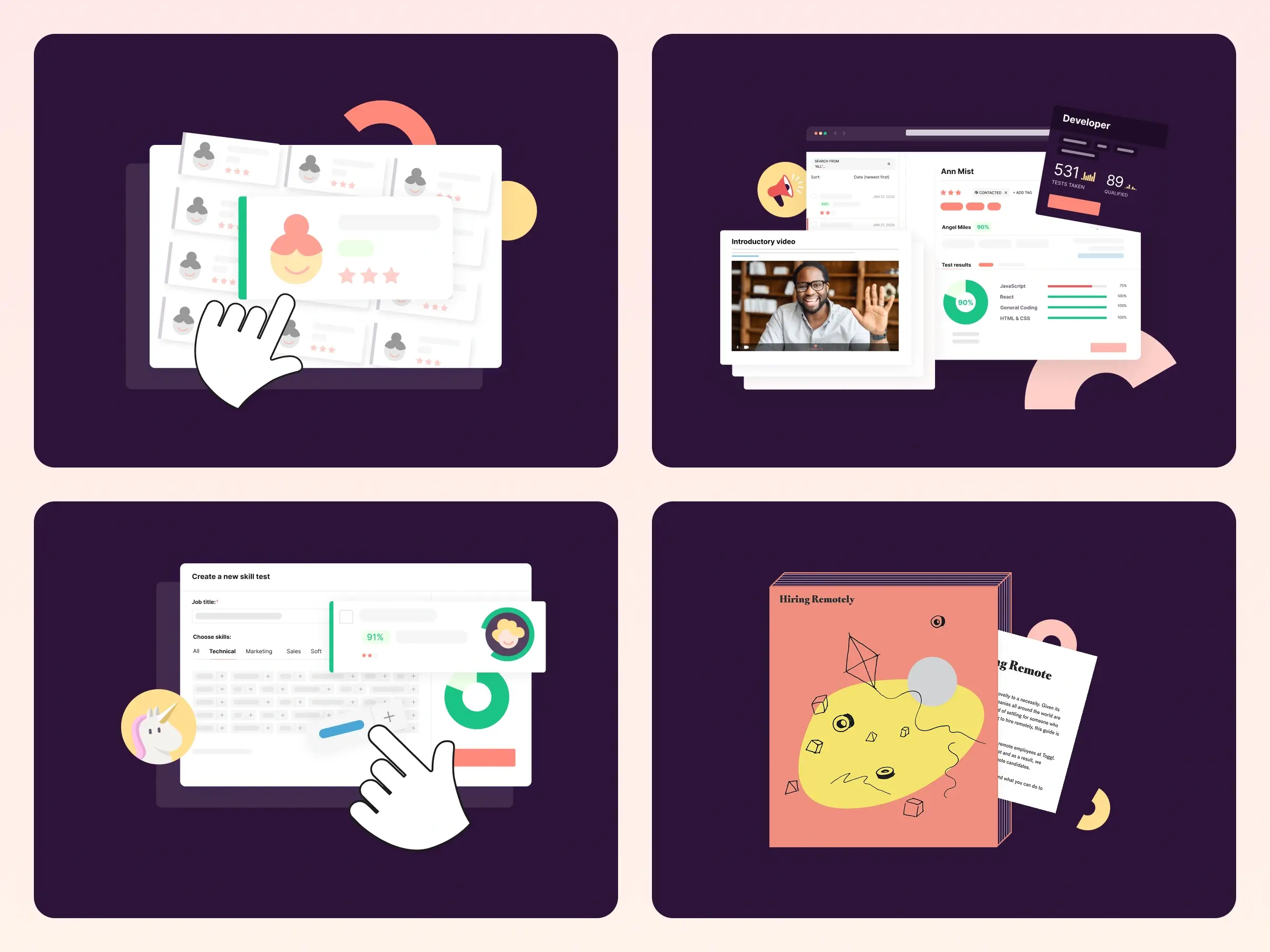 Skills assessment platform – Flat vector brand illustration set - Displaying candidate profile selection, a candidate dashboard with an introductory video, a skill test creation interface, and a "Hiring Remotely" guidebook cover.
