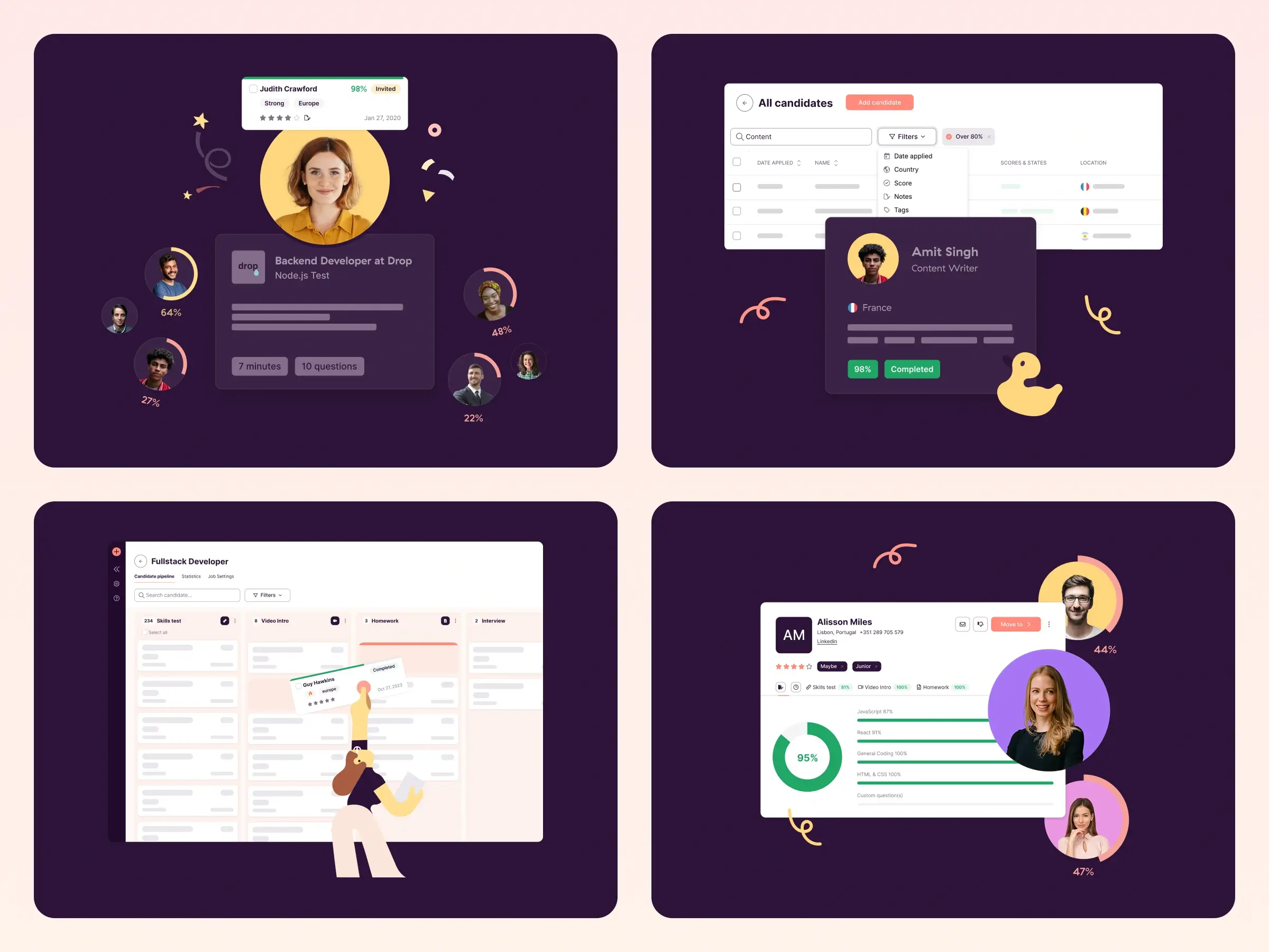 Skills assessment platform – Flat vector brand illustration set - Displaying a top candidate highlight card, a searchable applicant table, a Kanban hiring pipeline dashboard, and an analytical profile overview with individual skill breakdown percentages.
