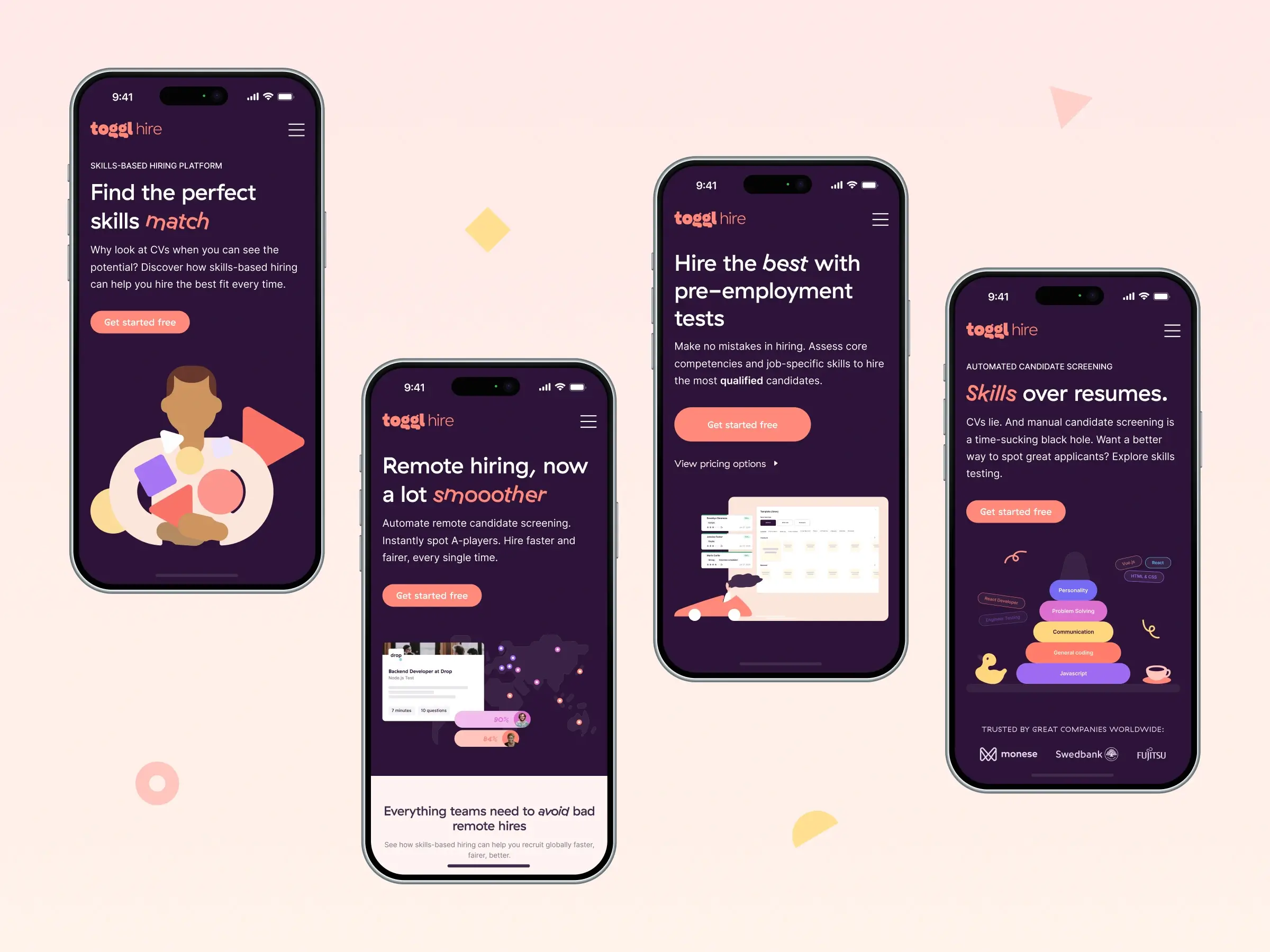 Skills assessment platform – Mobile adaptation - Showcasing mobile landing page variations with dark purple interfaces, varied recruiting headlines, and brand illustrations.