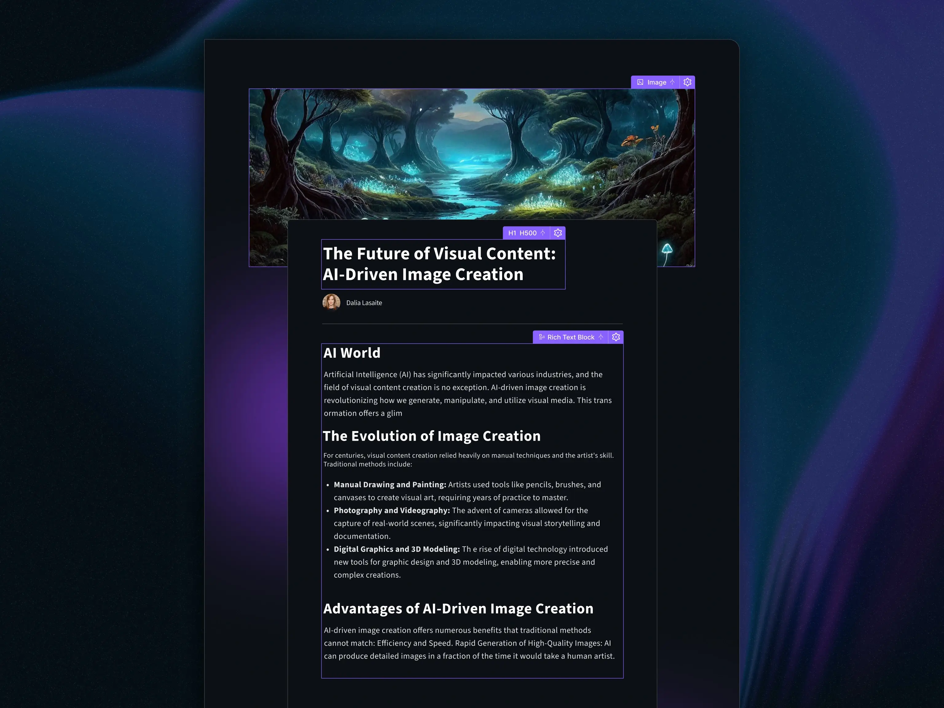 CMS blog template – Wireframe to live preview comparison split-screen with dark theme, rich text blocks, and AI-generated header artwork.