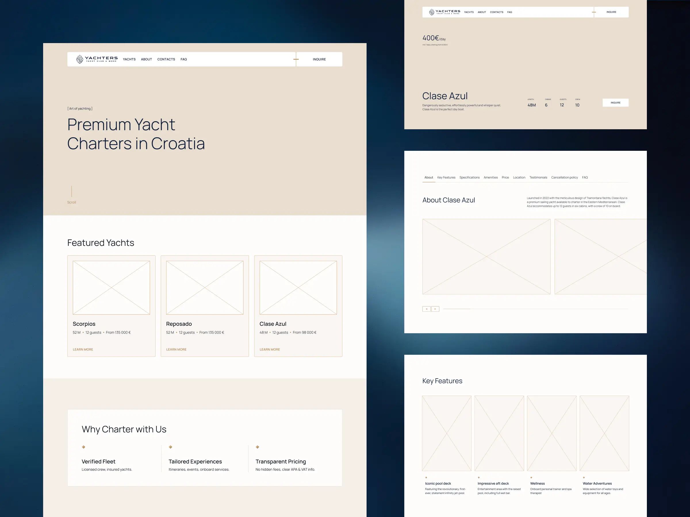 Structure & Wireframes – Wireframes for the Yachters website – home page layout on the left, yacht detail page with specs and gallery on the right