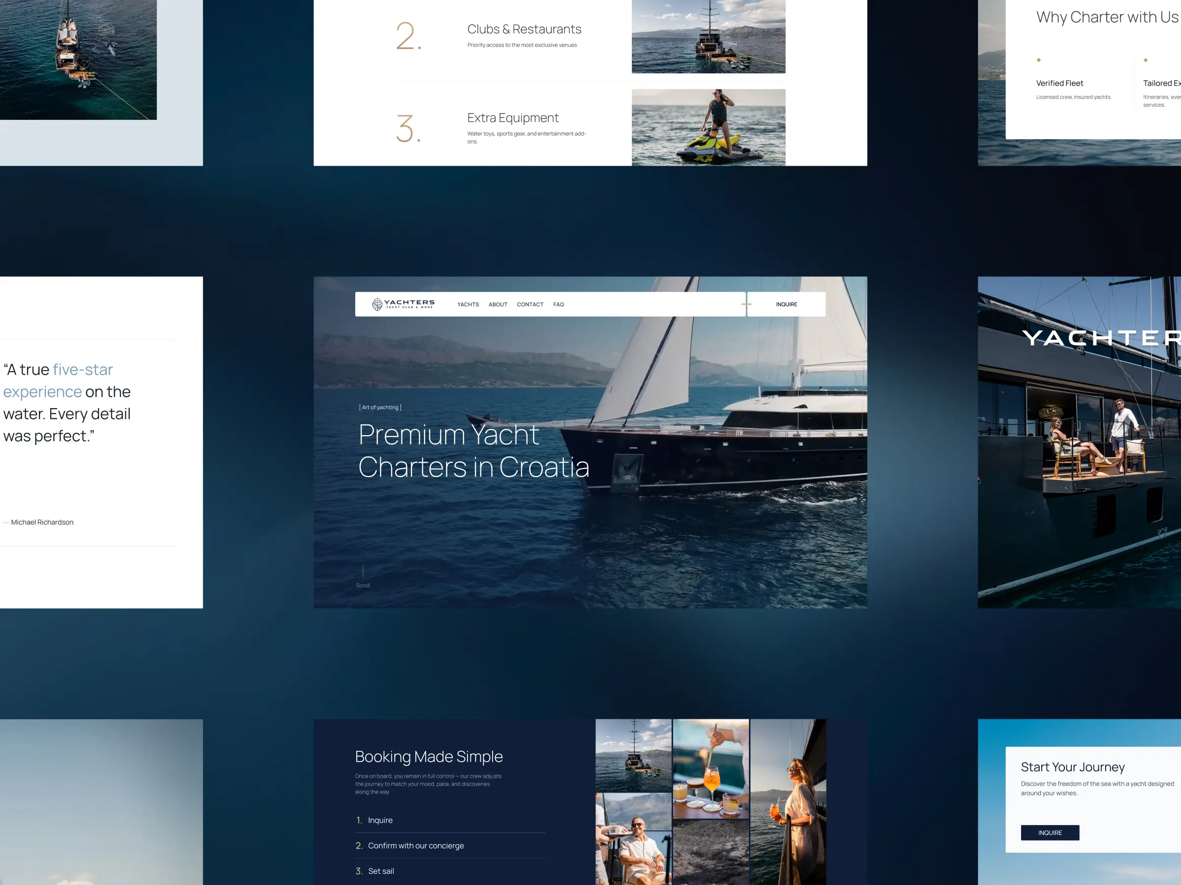 Concepts – Design concepts collage featuring the home page hero, booking flow section, testimonial quote, and other elements that capture the premium feel of the Yachters brand.