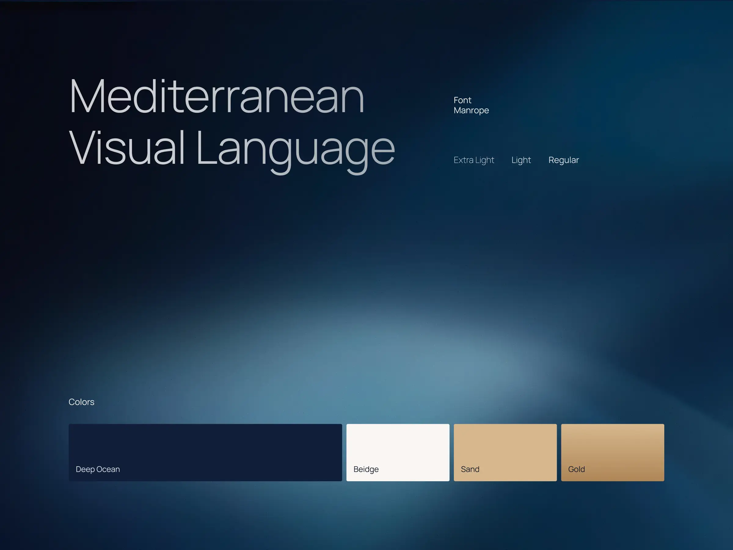 Concepts – Yachters visual identity – Mediterranean Visual Language with Manrope typeface in Extra Light, Light, and Regular weights, and a four-color palette: Deep Ocean, Beige, Sand, and Gold