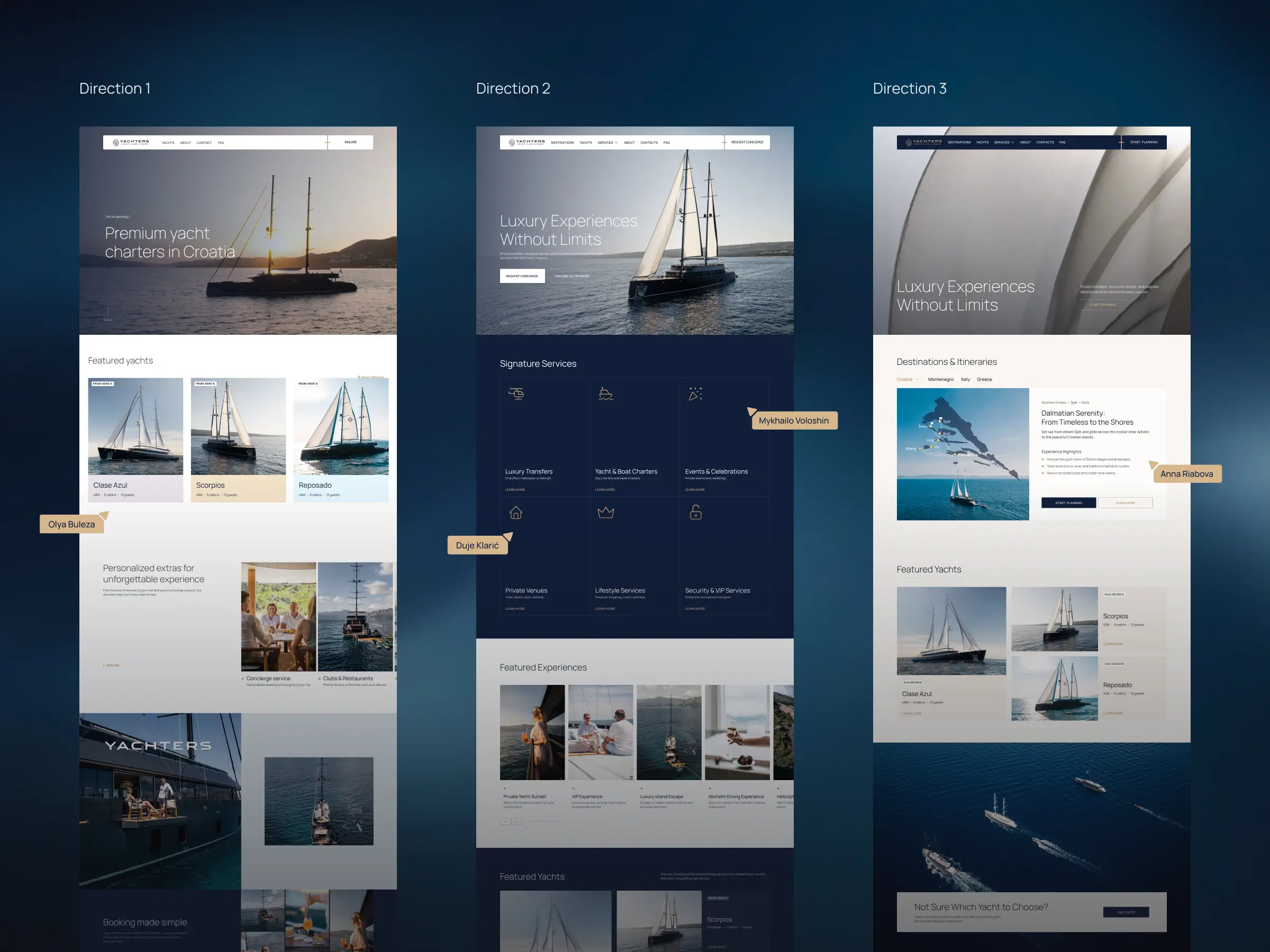 Concepts – Three homepage design directions for Yachters, evolving from a charter-focused layout to a full luxury concierge experience with destinations and services