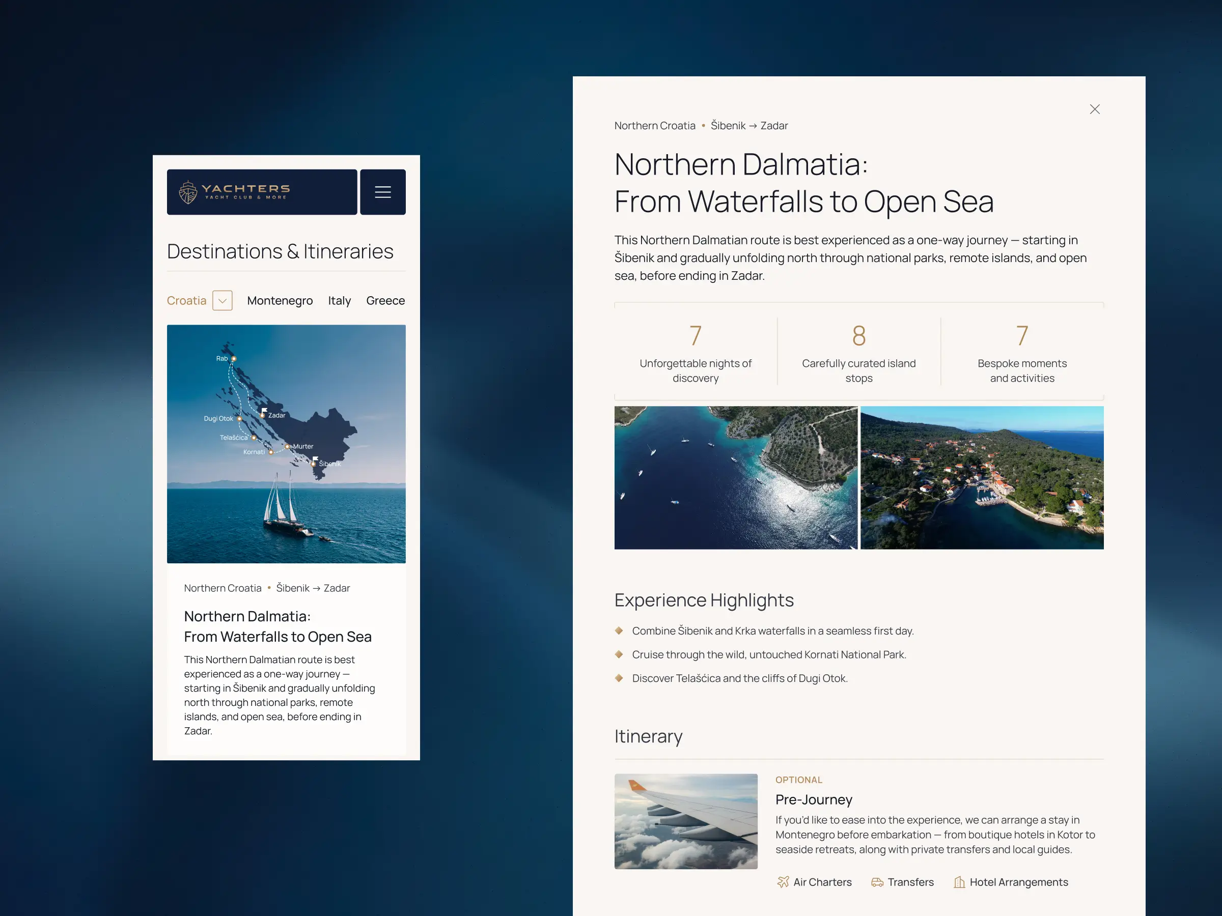 Home Page – Yachters destinations section – mobile view of Croatia itineraries and a detailed itinerary modal for "Northern Dalmatia: From Waterfalls to Open Sea"