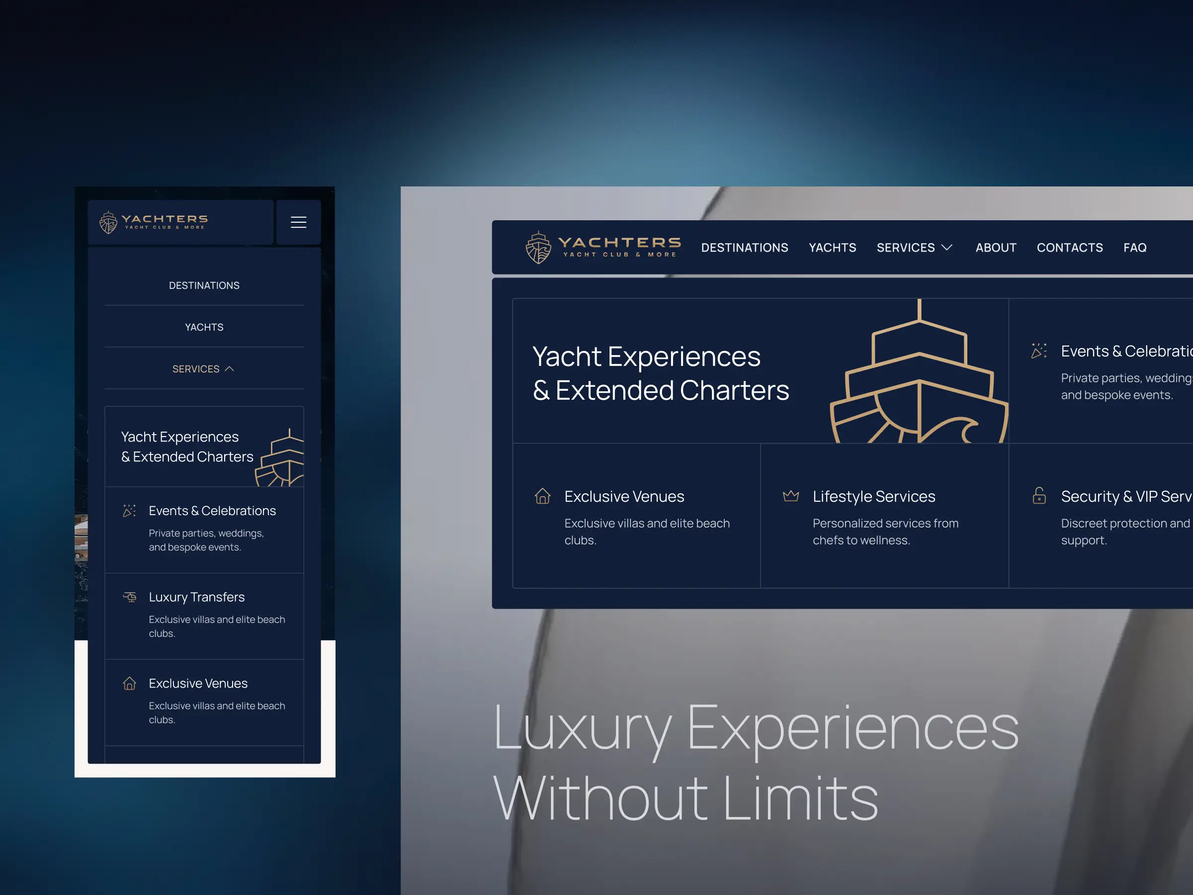 Navigation – Mobile hamburger menu with service categories and desktop mega-menu dropdown displaying Yacht Experiences, Events & Celebrations, Exclusive Venues, Lifestyle Services, and Security & VIP Services