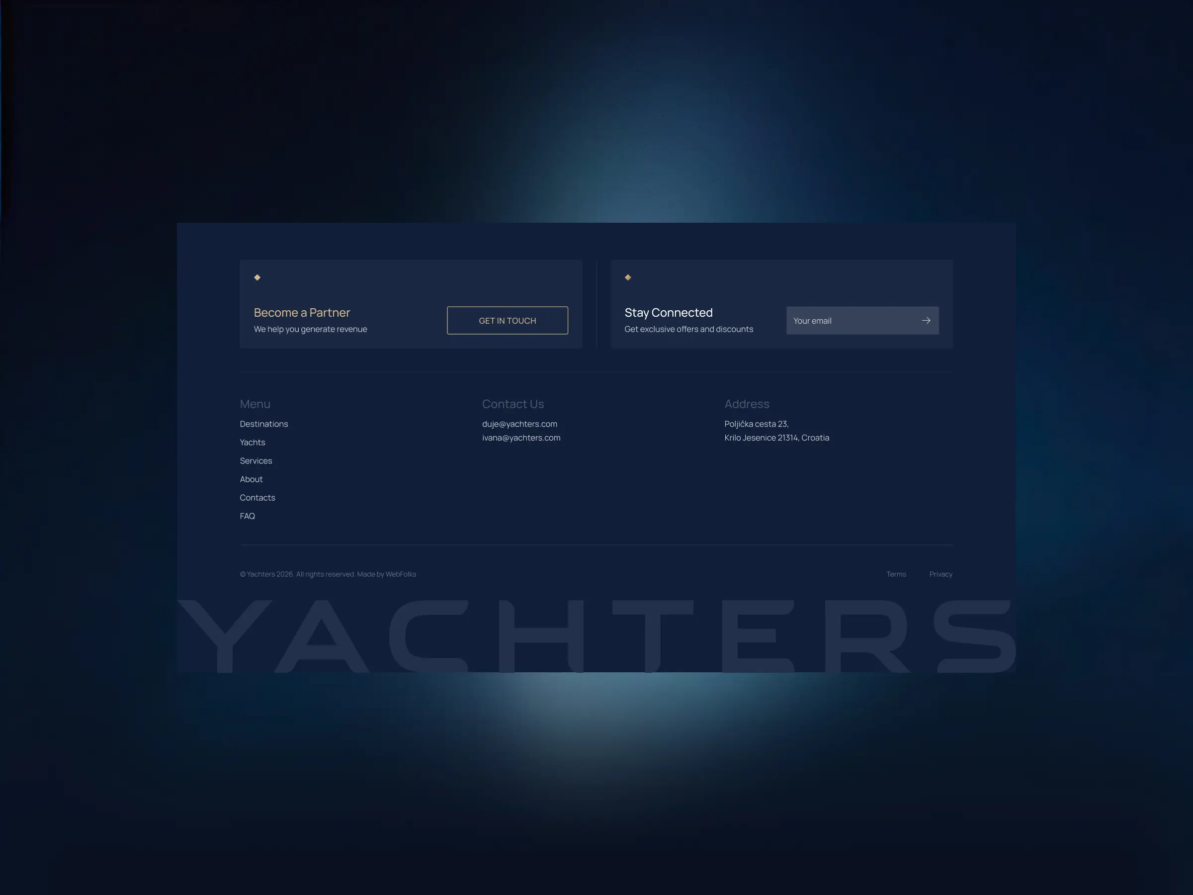 Navigation – Yachters footer with partner and newsletter sign-up blocks, site links, contact details, address information, and a large brand logo