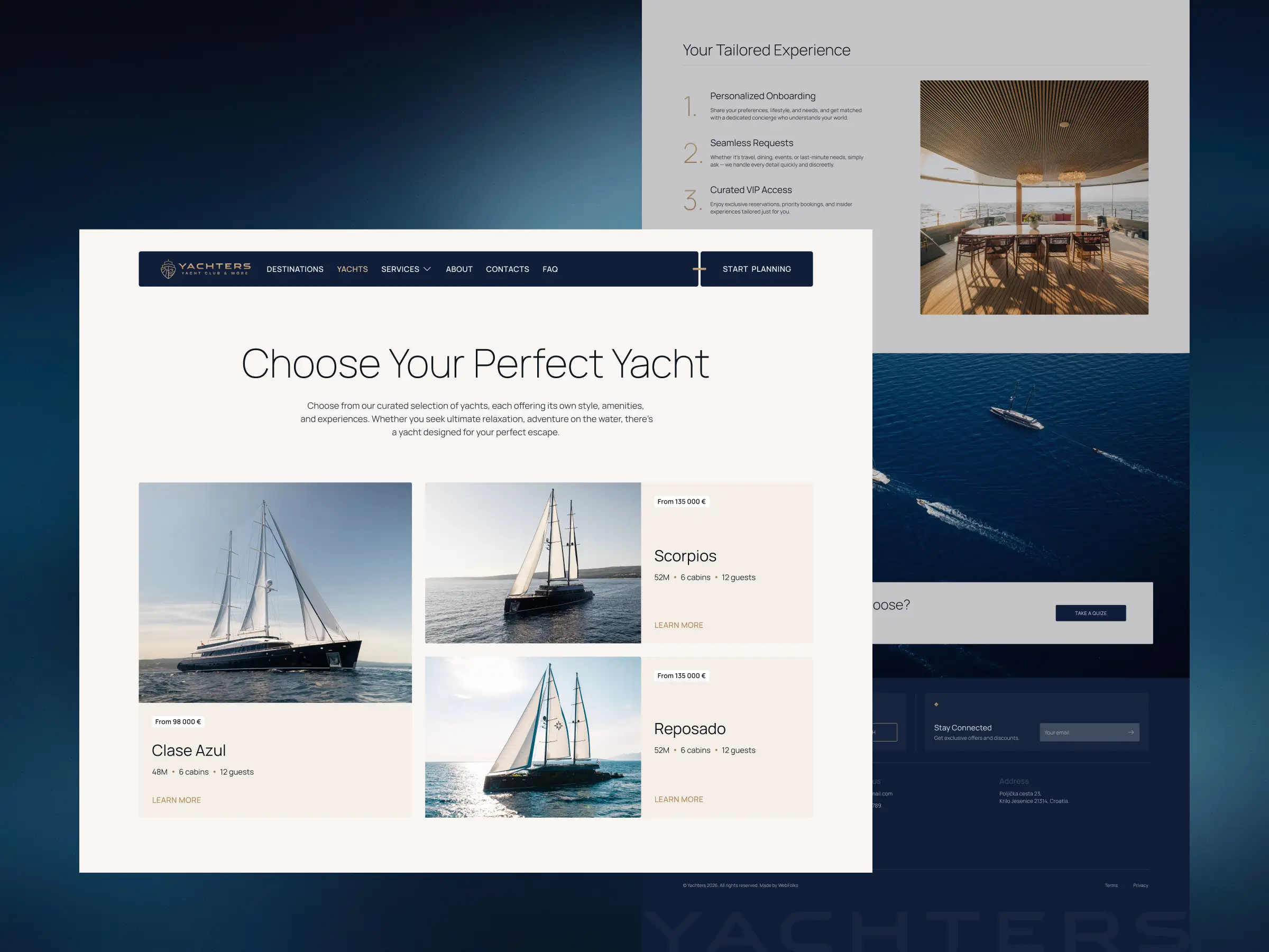Yachts Pages – Fleet listing page displaying Clase Azul, Scorpios, and Reposado yachts with pricing, key specifications, and a tailored experience section in the background