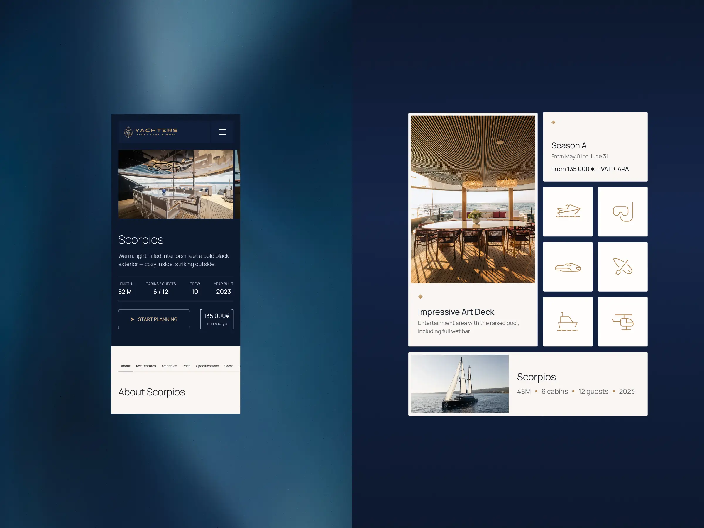 Yachts Pages – Scorpios yacht detail page shown in mobile and desktop views, featuring yacht specifications, description, seasonal pricing, watersports icons, and a yacht card