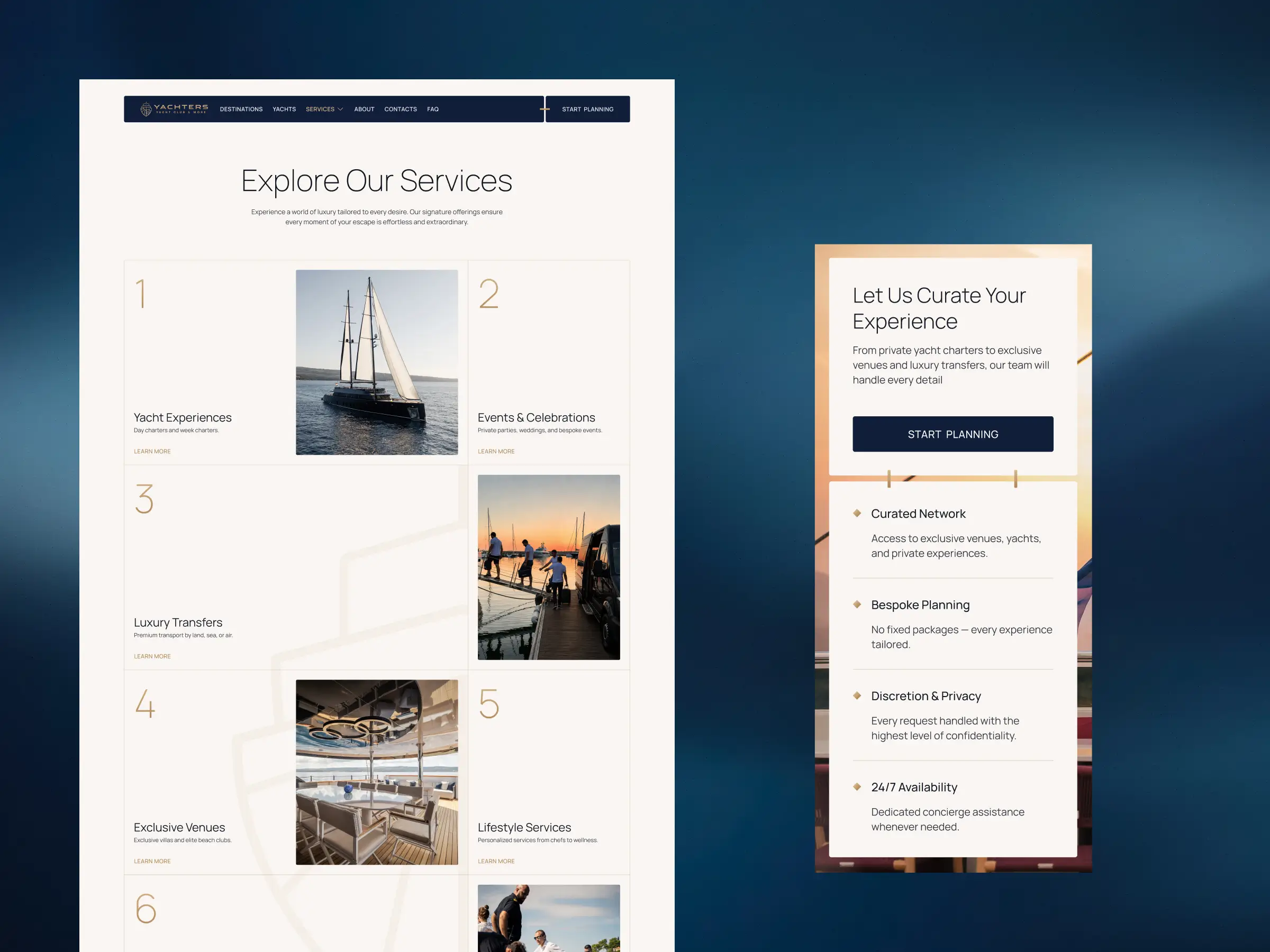 Services Pages – Services listing page displaying six numbered service categories and a mobile section titled “Let Us Curate Your Experience” with concierge value propositions