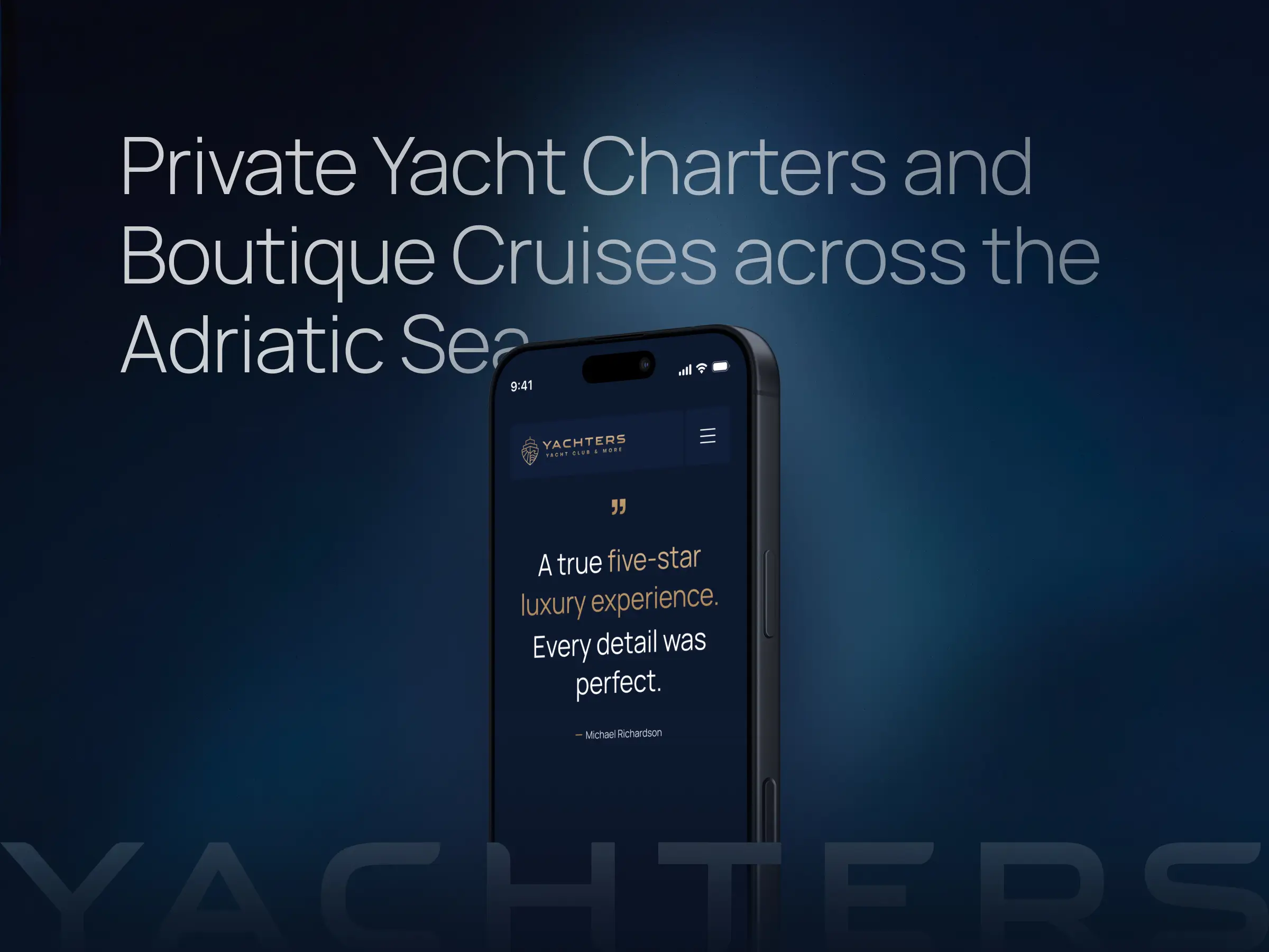 Services Pages – Client testimonial displayed on an iPhone mockup, featuring the quote: “A true five-star luxury experience. Every detail was perfect.”