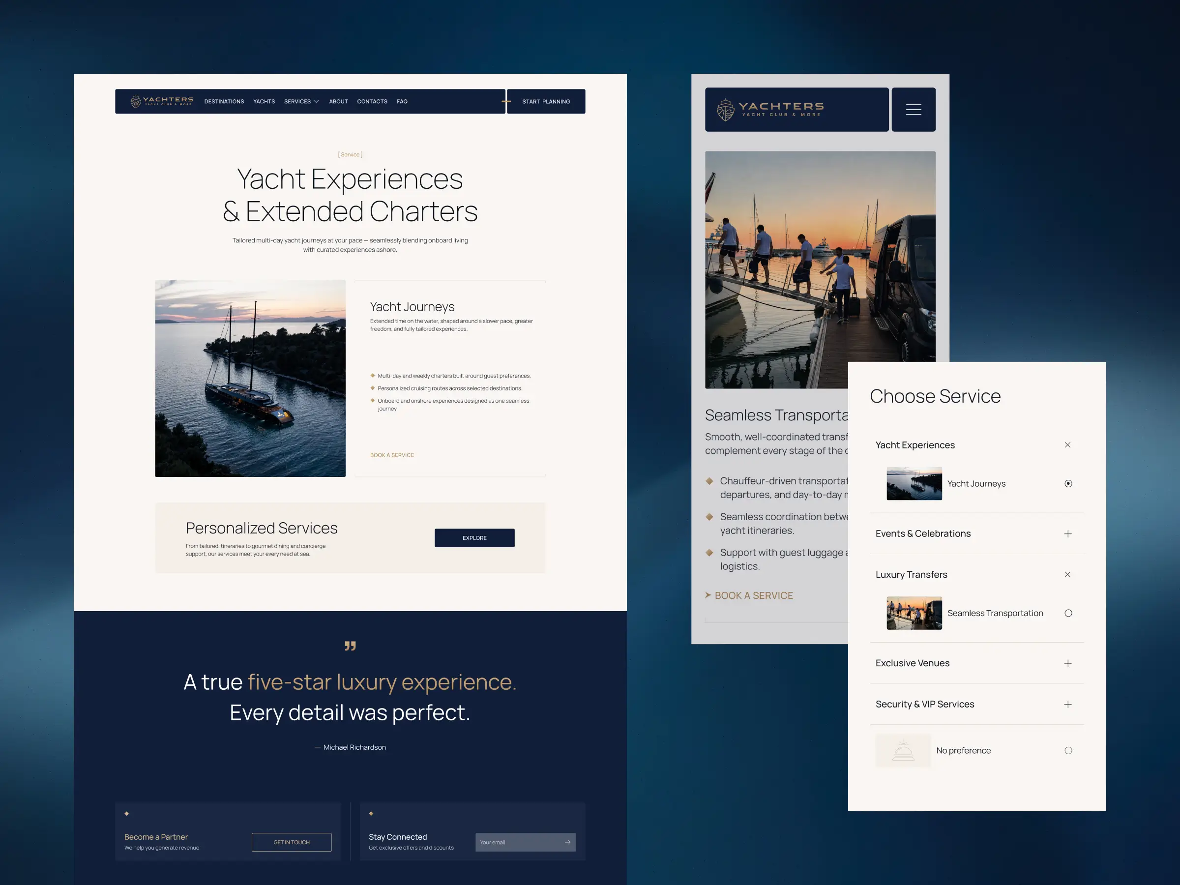 Services Pages – Yacht Experiences service detail page shown in desktop and mobile views, including service information, charter offerings, and a mobile service selector modal