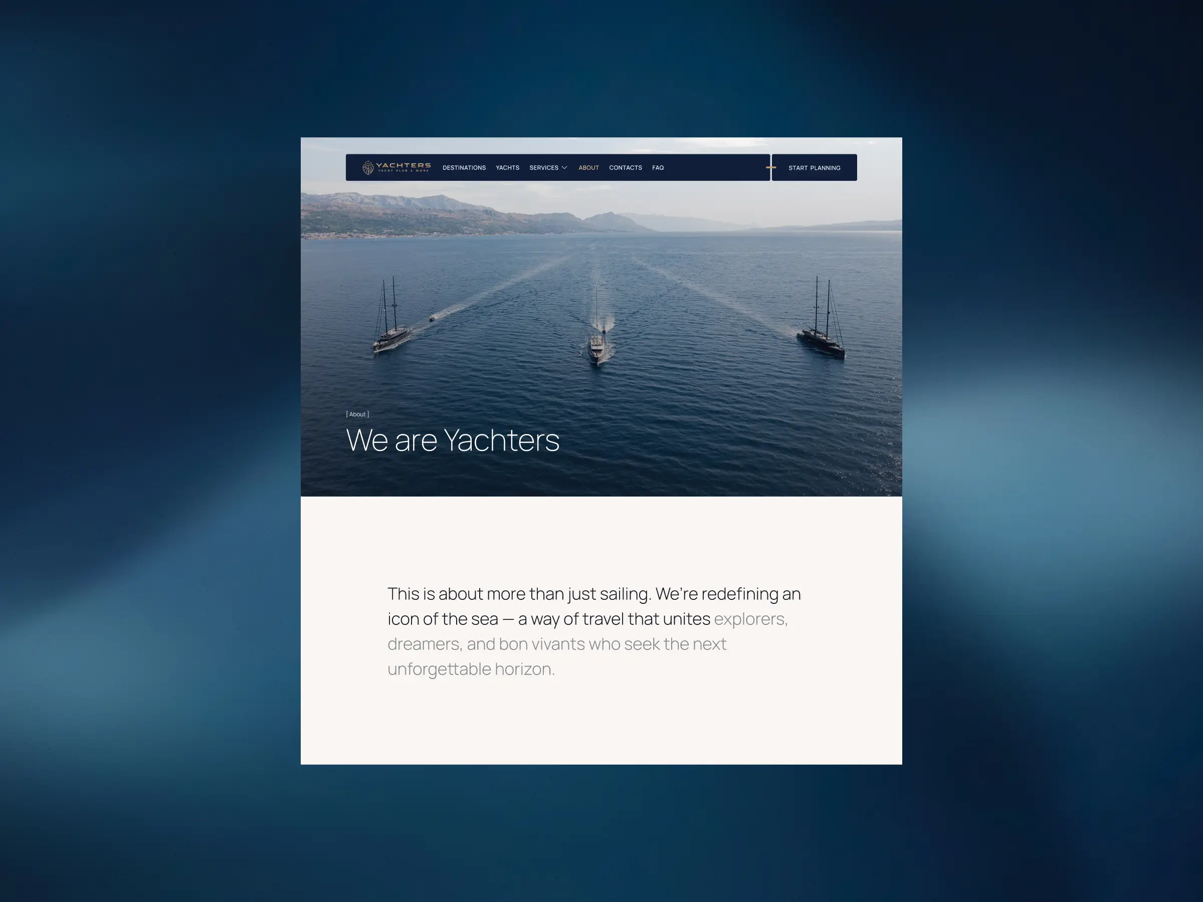 Related Pages – About page hero with three sailing yachts at sea, the “We Are Yachters” headline, and brand mission statement