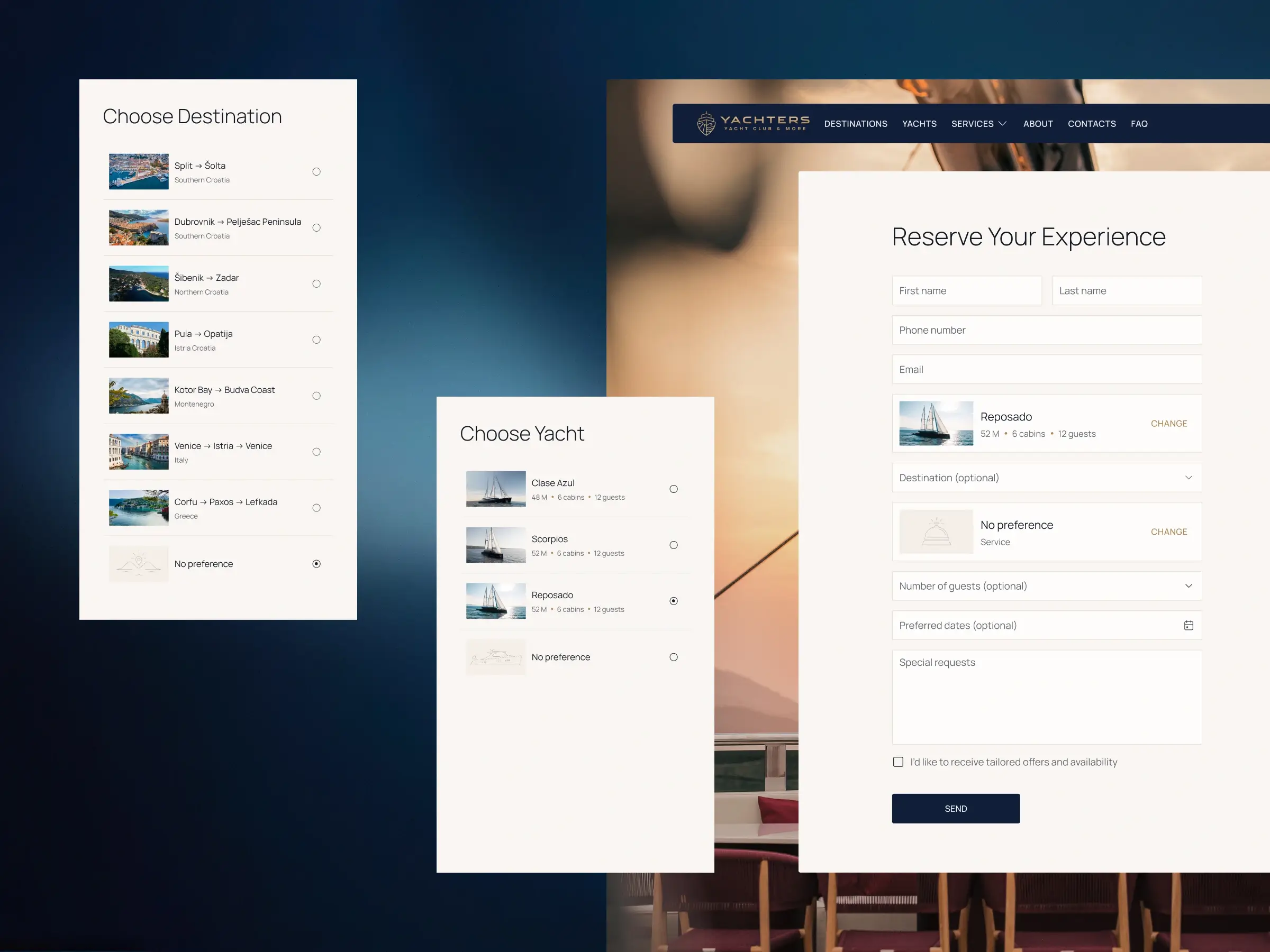 Lead Funnel Pages – Start Planning form with destination and yacht selection modals for booking inquiries