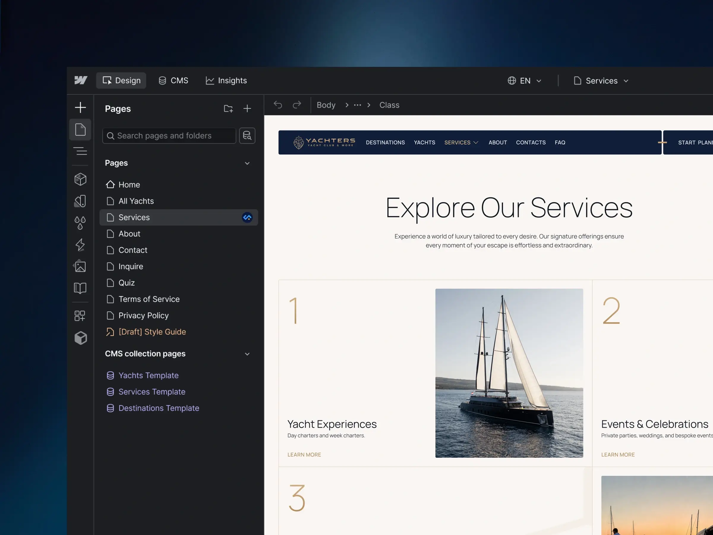Webflow Development – Yachters website open in Webflow Designer, showing the pages panel with static and CMS collection pages and the Services page active on the canvas