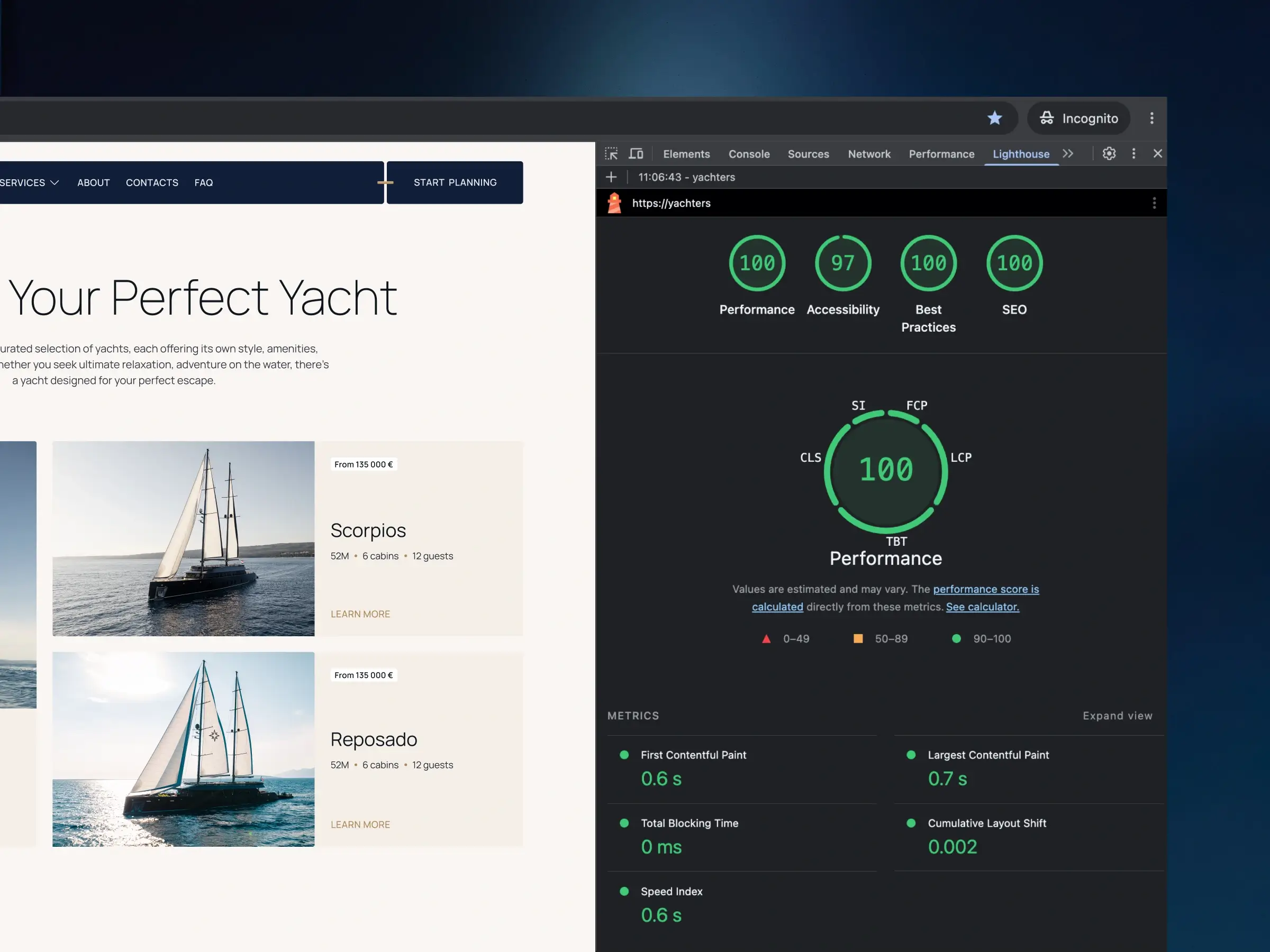 Webflow Development – Lighthouse audit results showing scores of 100 for Performance, 97 for Accessibility, 100 for Best Practices, and 100 for SEO