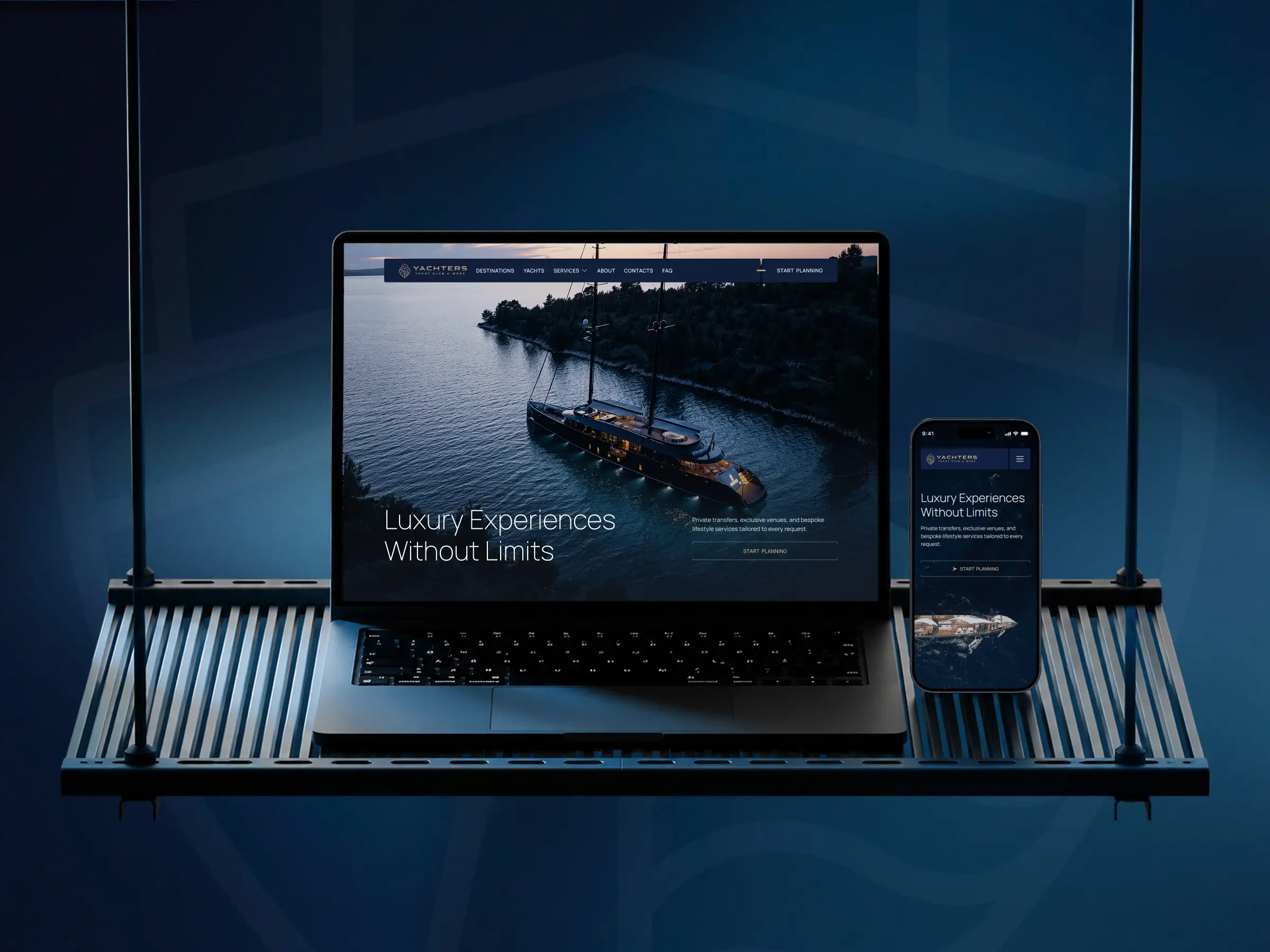 Yachters – Website displayed on a MacBook and iPhone side by side, featuring the home page hero with a luxury sailing yacht at dusk and the headline “Luxury Experiences Without Limits.”