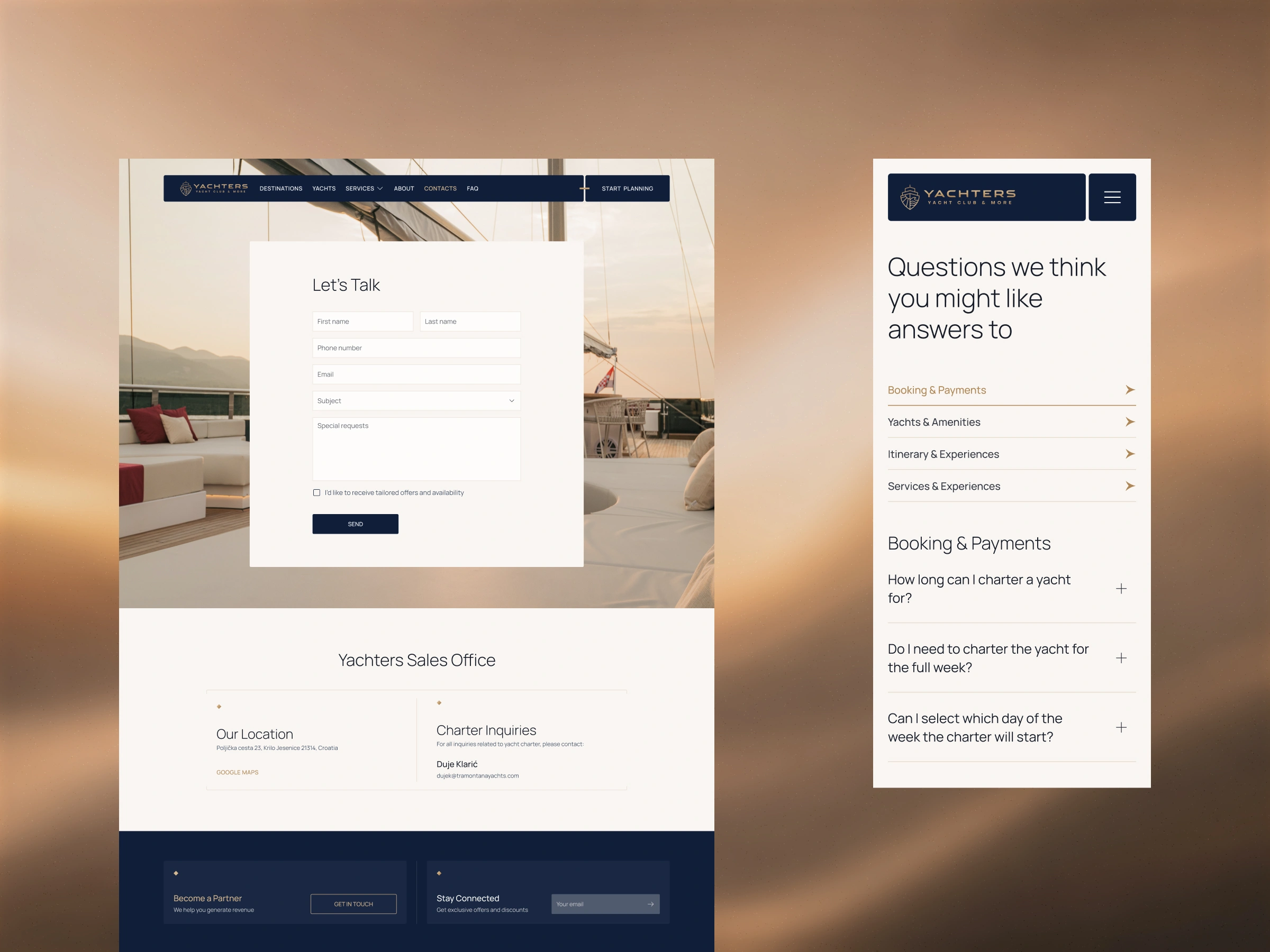 Related Pages – Contacts page featuring a “Let’s Talk” inquiry form and office details, alongside a mobile FAQ page with accordion-style question categories