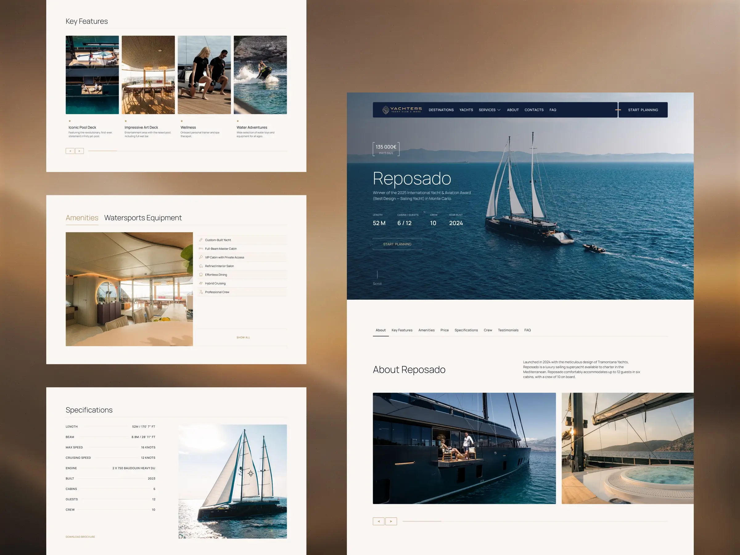 Yachts Pages – Reposado yacht detail page with features, amenities, specifications, and technical information