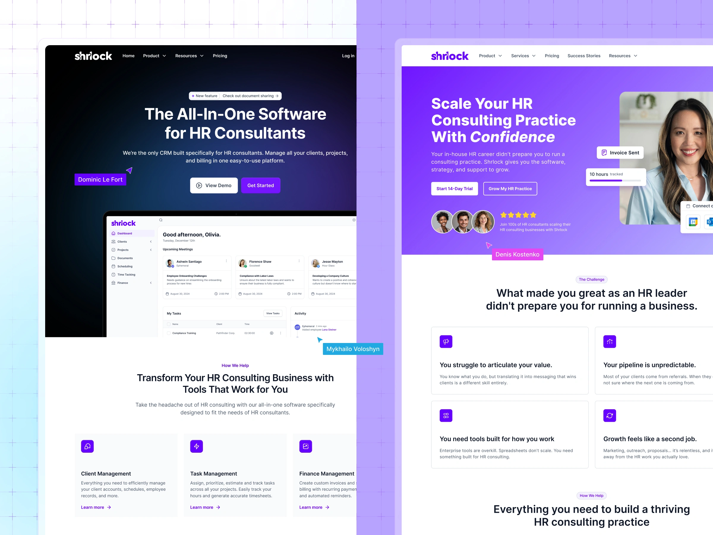 Creation – Side-by-side comparison of the old and new Shrlock homepage designs, showing the shift from a dark theme to a purple brand palette
