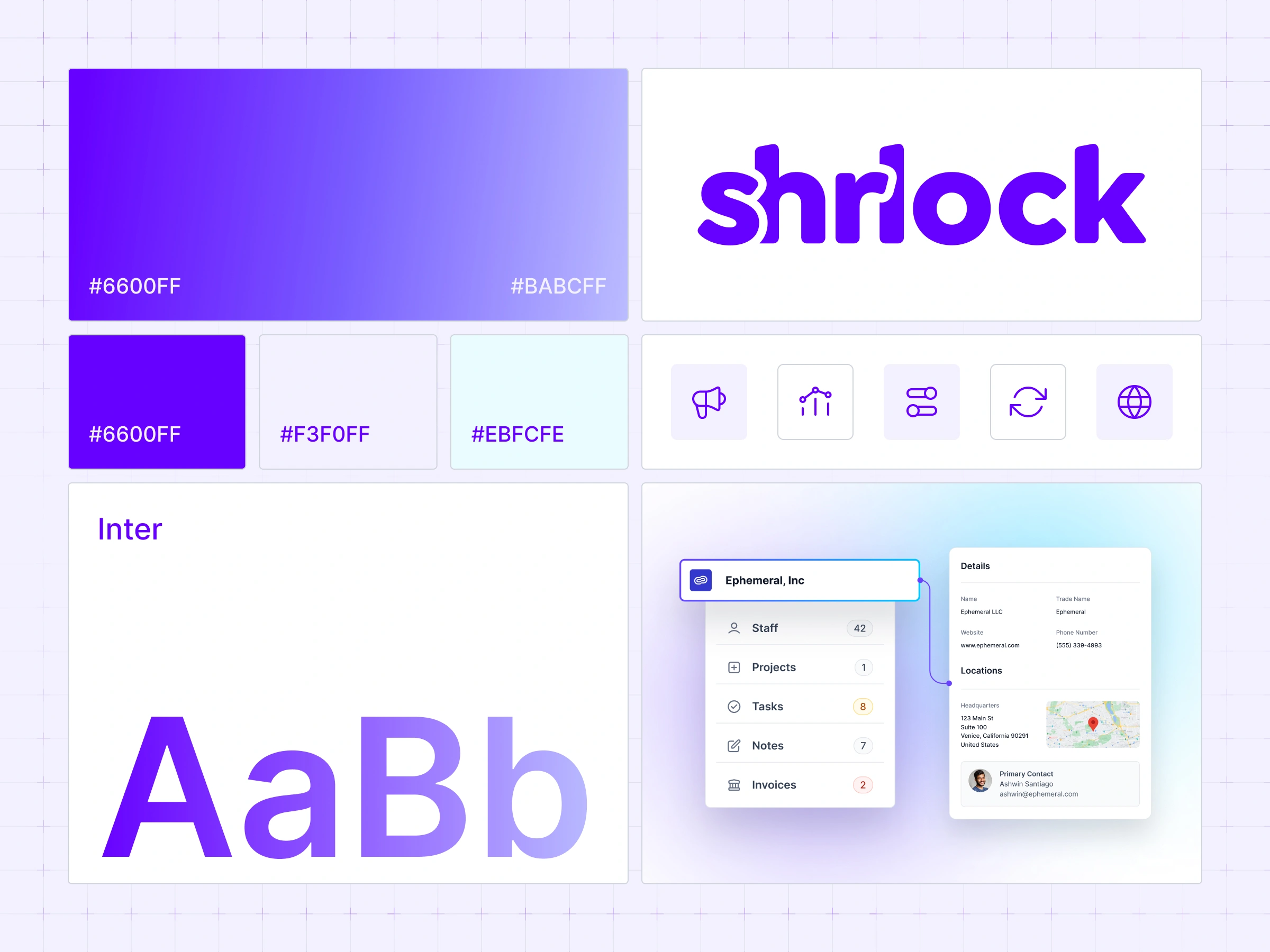 Foundation – Shrlock brand style guide featuring the logo, primary purple color palette, Inter typography, iconography