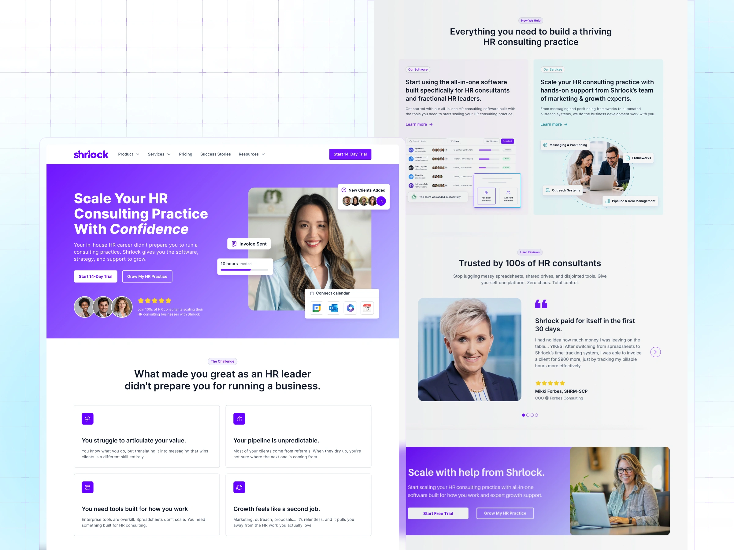 Home page – Shrlock homepage hero with the "Scale Your HR Consulting Practice With Confidence" headline, alongside the "Everything you need" features section